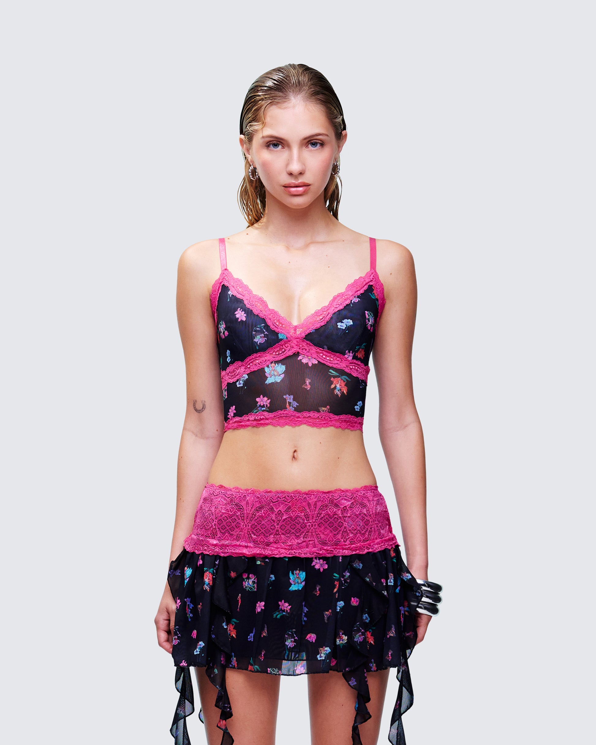 Aurelia Black Printed Mesh Cami model front