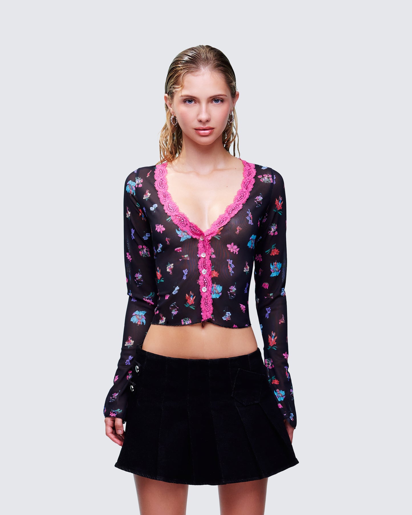 Aurelia Black Printed Mesh Top model front