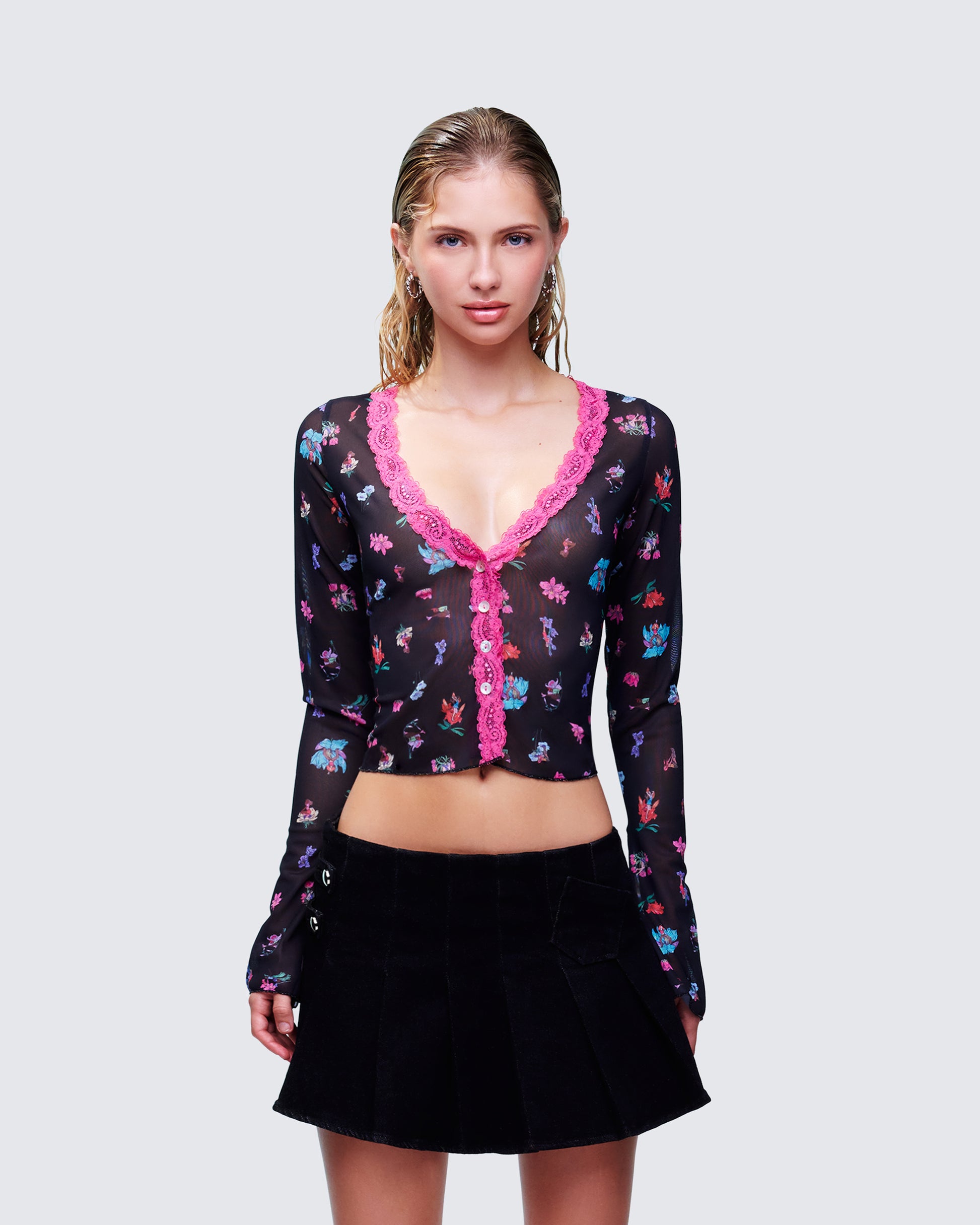 Aurelia Black Printed Mesh Top model front