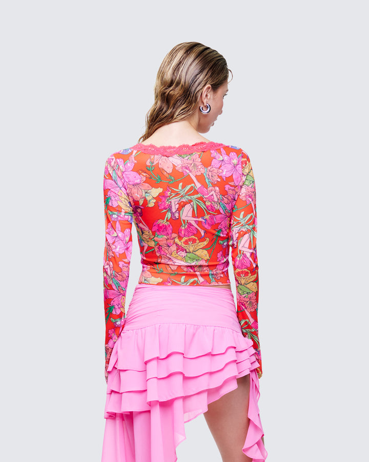 Aurelia Orange Printed Mesh Top