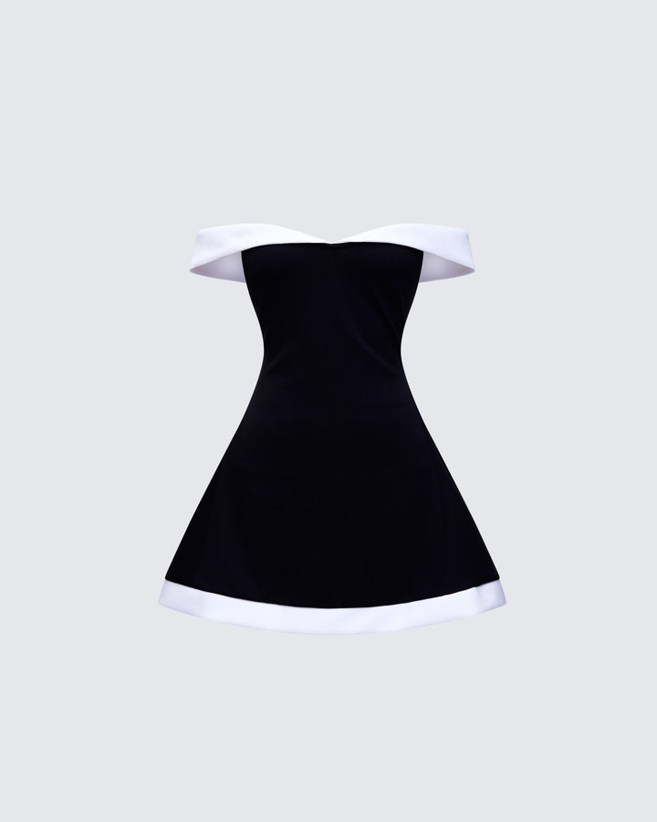 Black Off-Shoulder Mini Dress - Fit & Flare Cotton FINESSE Black Off-Shoulder Mini Dress - Fit & Flare Cotton FINESSE