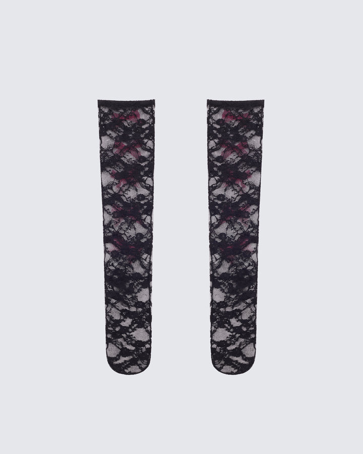 Aurora Black Knee High Lace Sock With Bow Trim