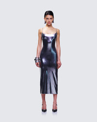 Aurra Metallic Gunmetal Midi Dress