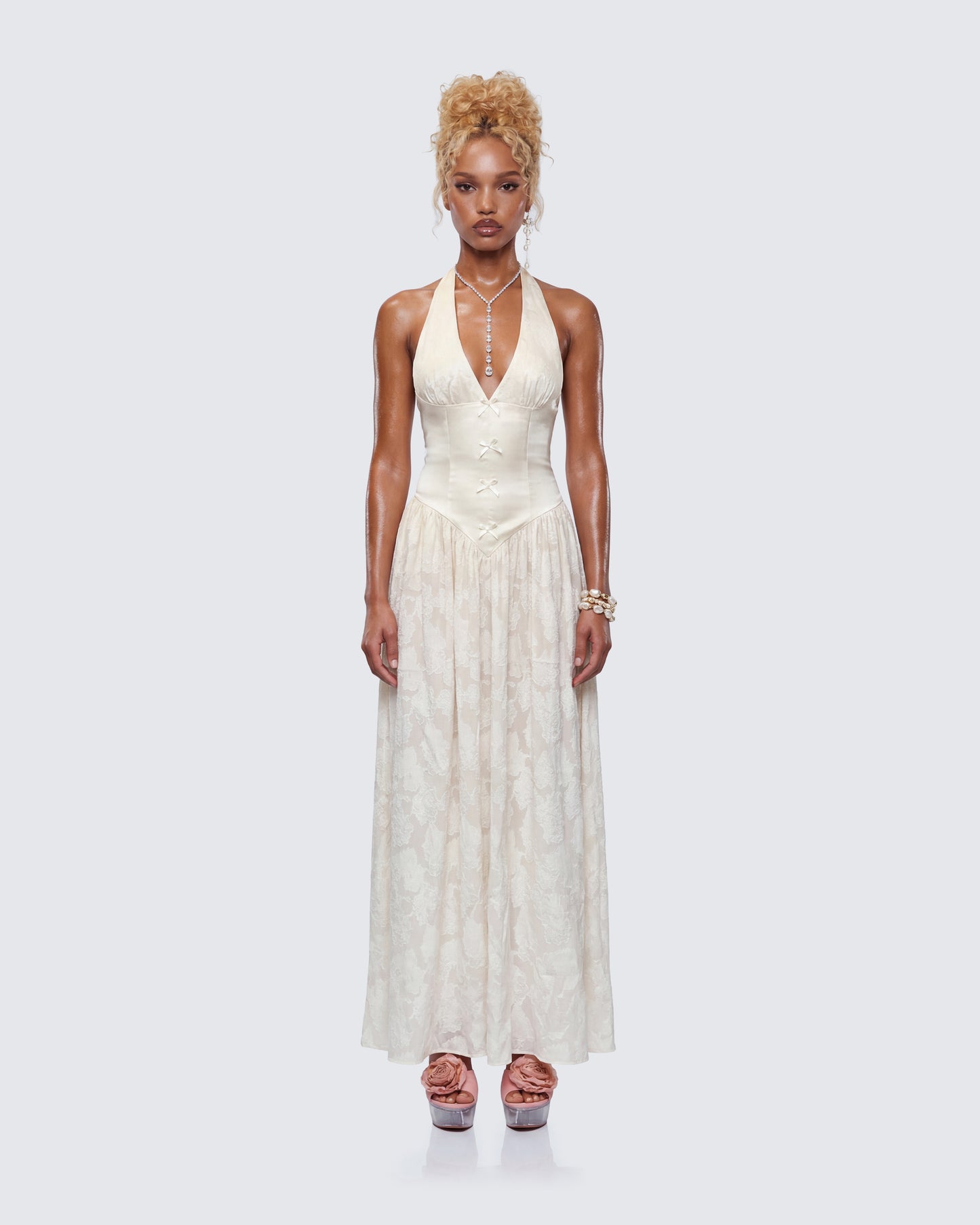 Avalon Ivory Corset Plunge Maxi Dress model front
