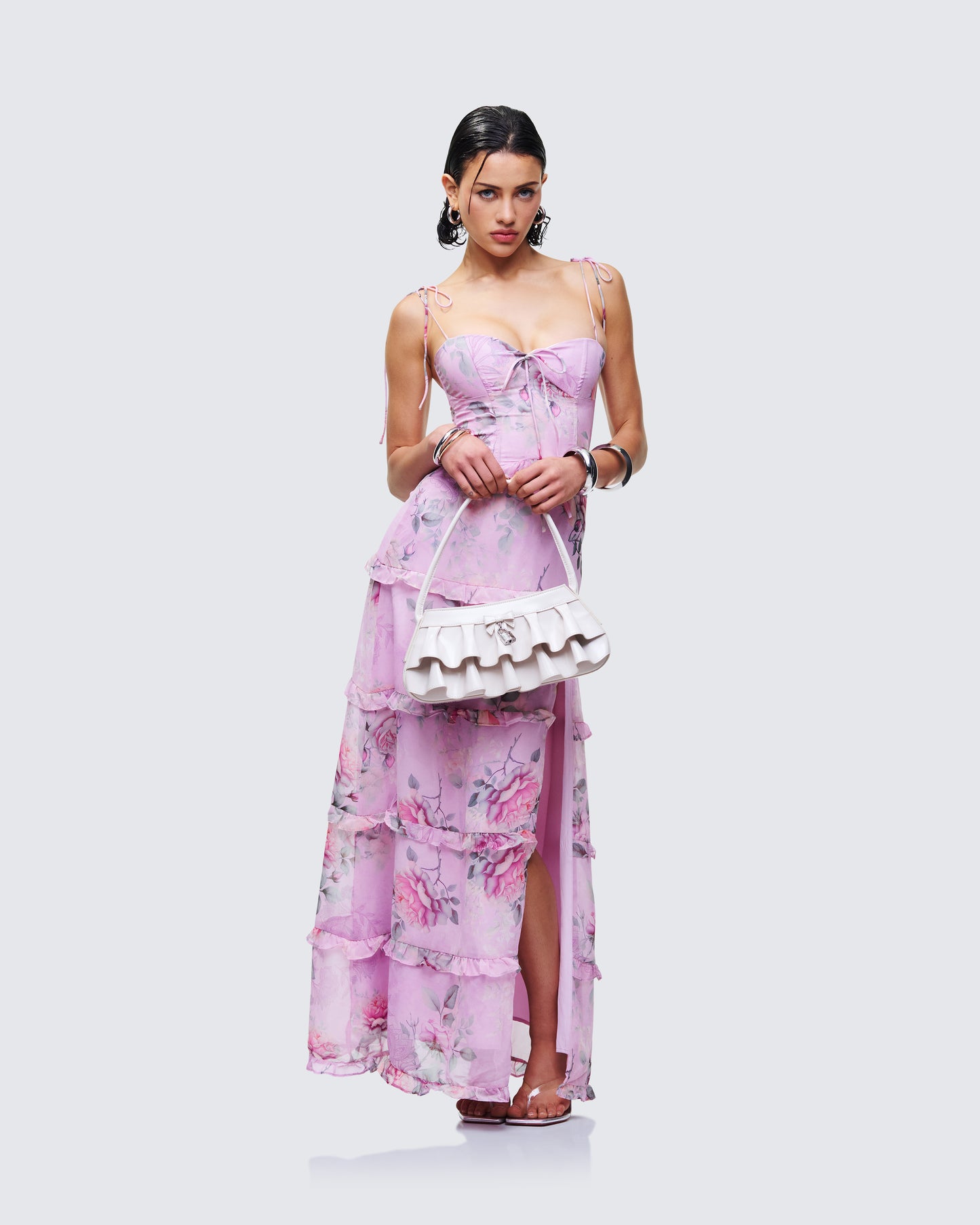 Women's printed maxi dress close-up detail – FINESSE
