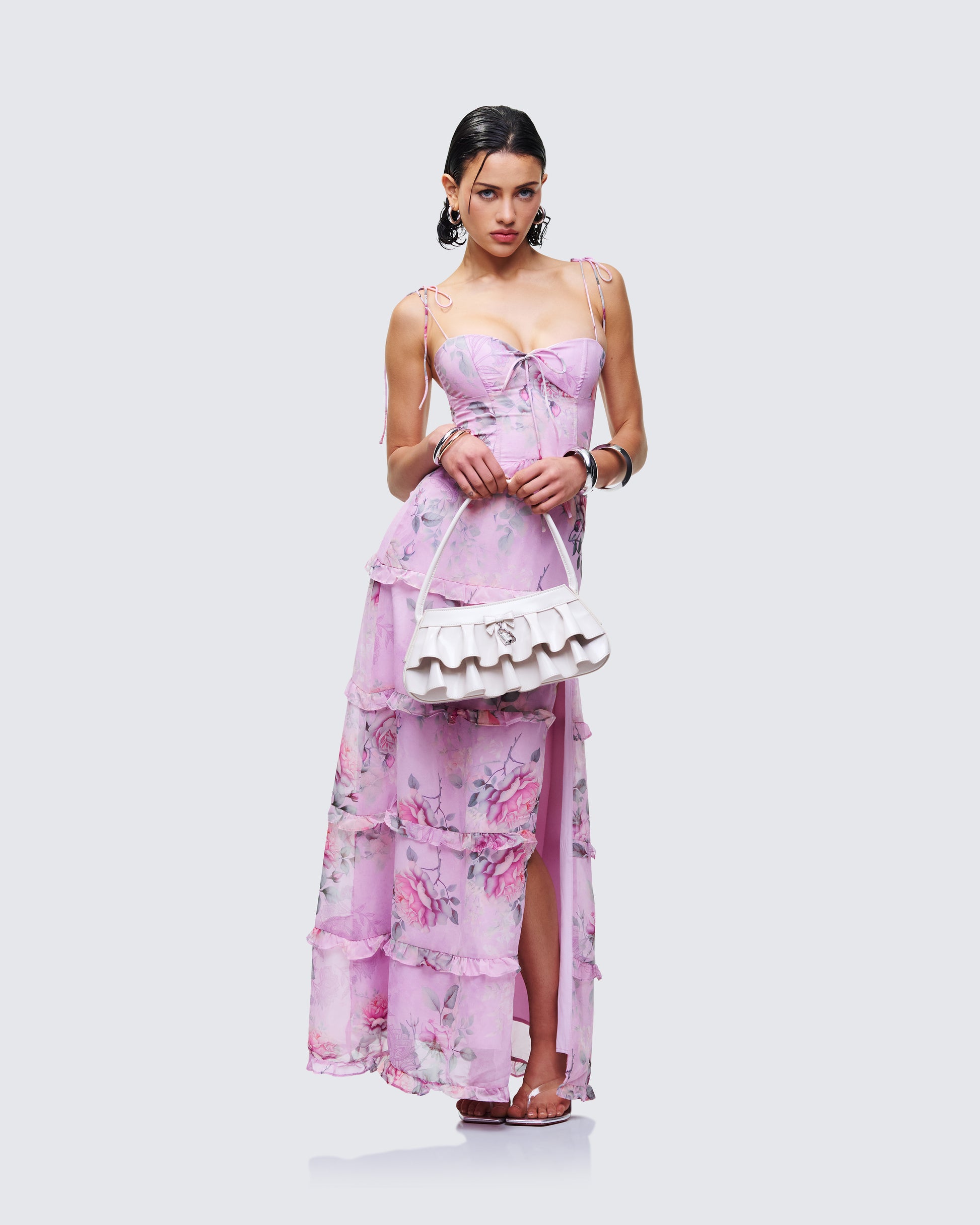 Women's printed maxi dress close-up detail – FINESSE