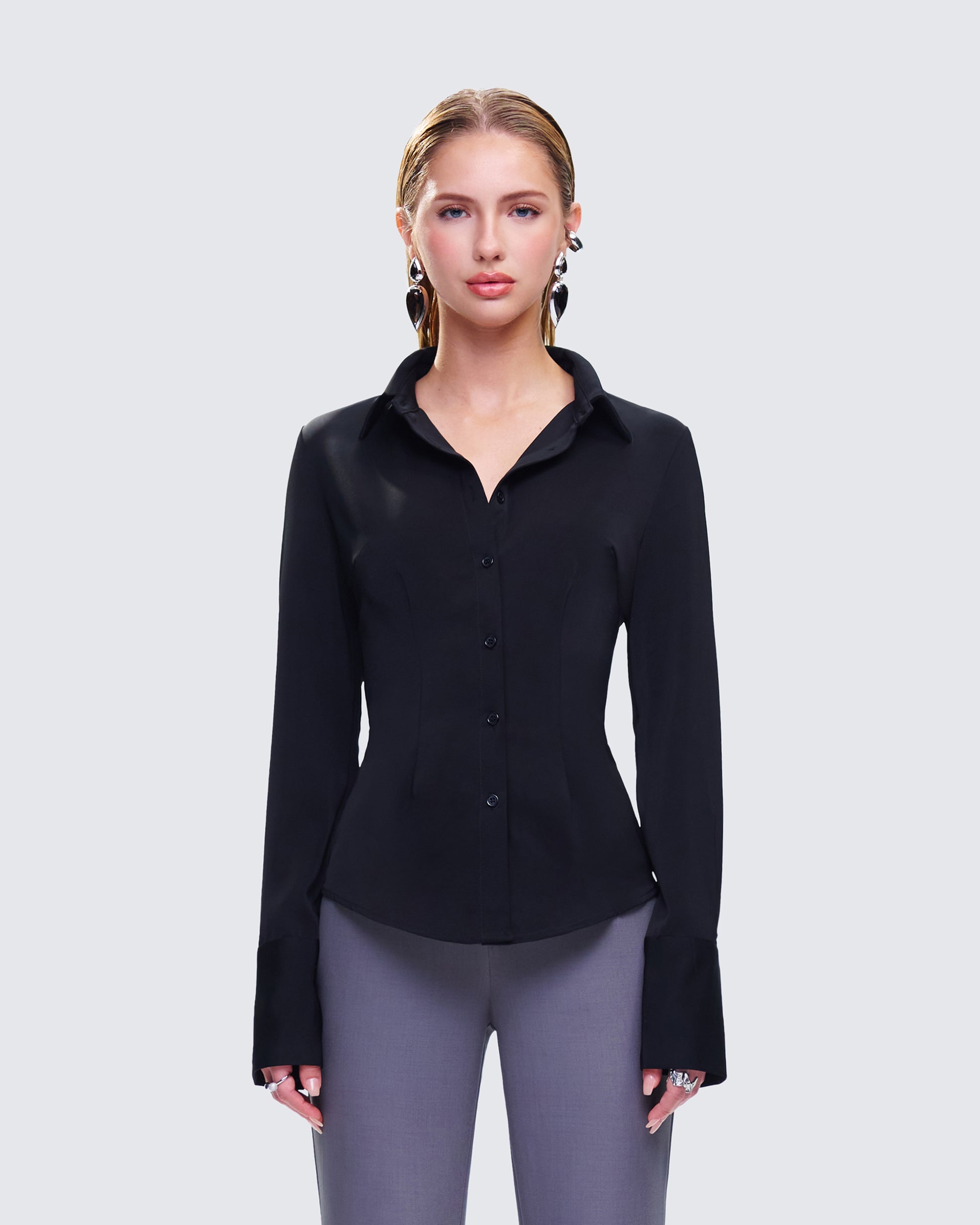 Black Fitted Button-Up Shirt - Corset Style Blouse FINESSE Black Fitted Button-Up Shirt - Corset Style Blouse FINESSE