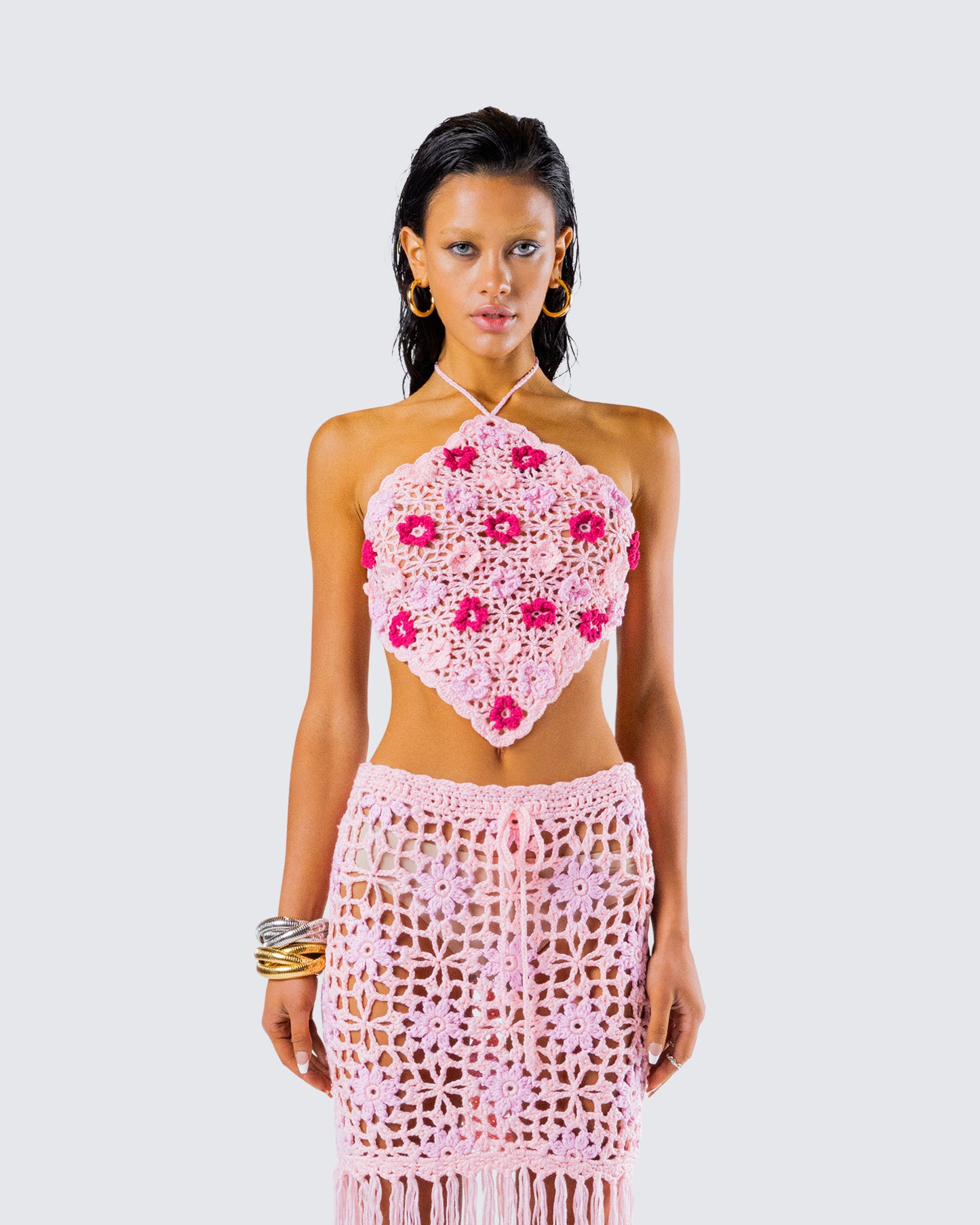 Aya Pink Floral Crochet Halter Top