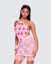 Aya Pink Floral Crochet Halter Top