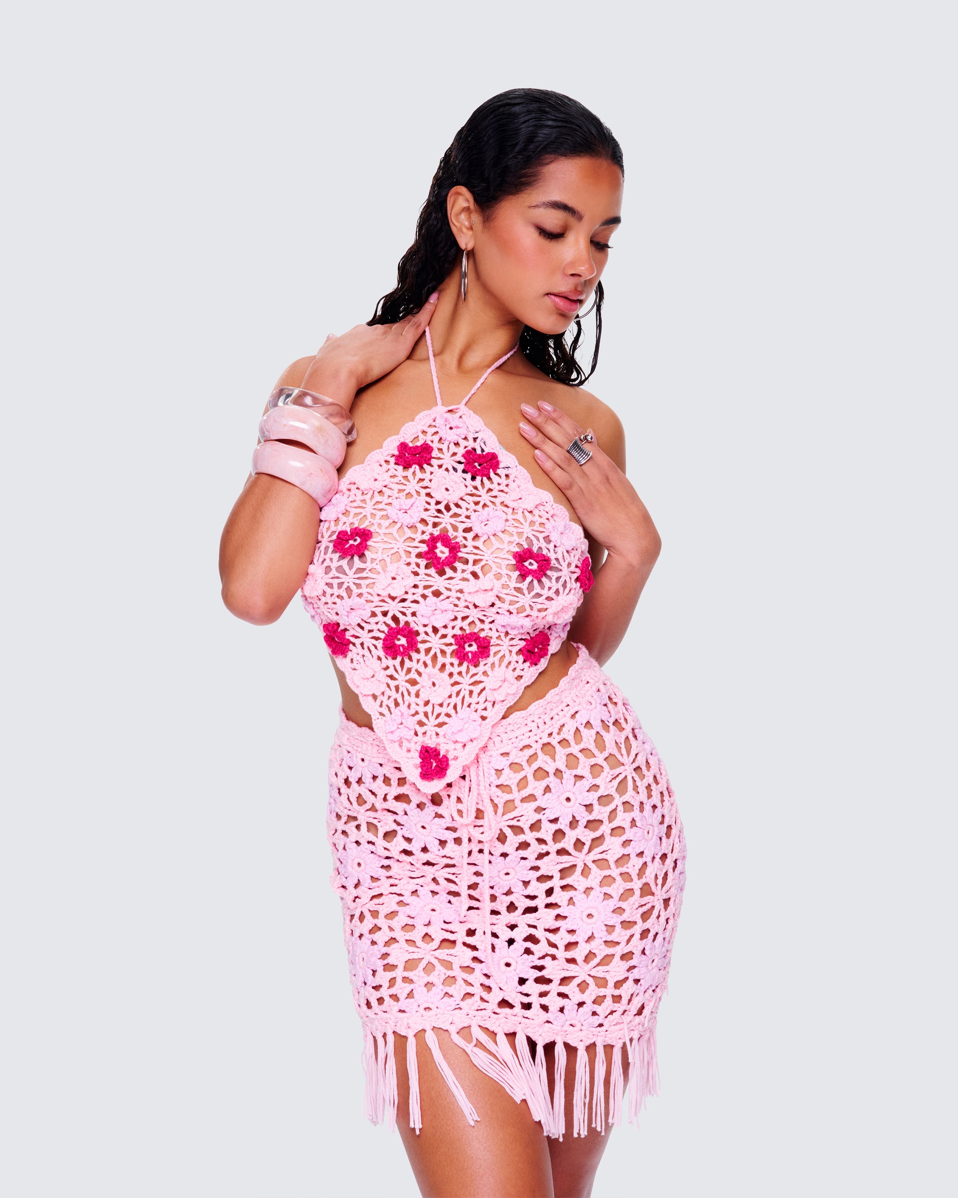 Pink Crochet Halter Top Floral Summer Festival Crop FINESSE Pink Crochet Halter Top Floral Summer Festival Crop FINESSE