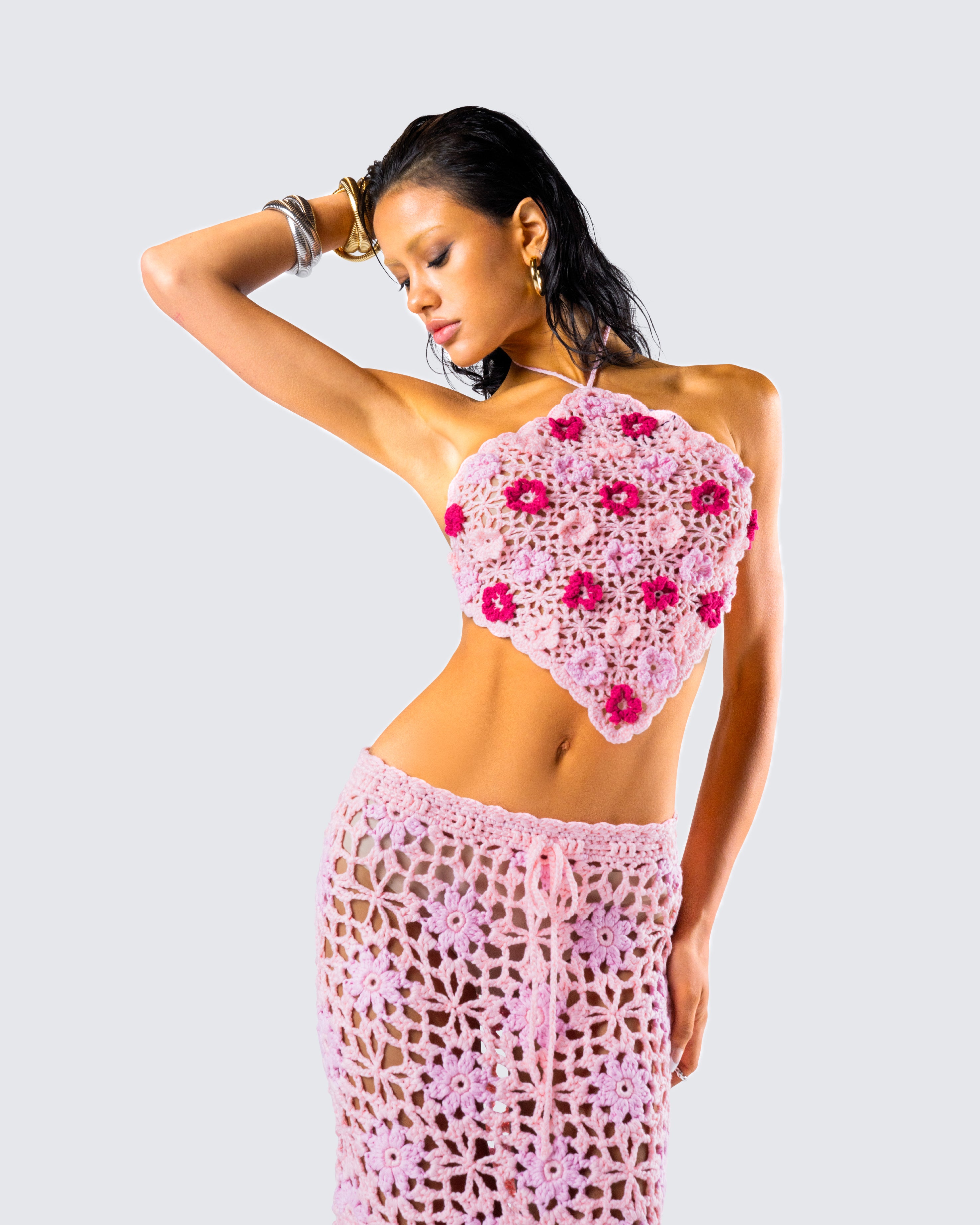 Aya Pink Floral Crochet Halter Top – FINESSE