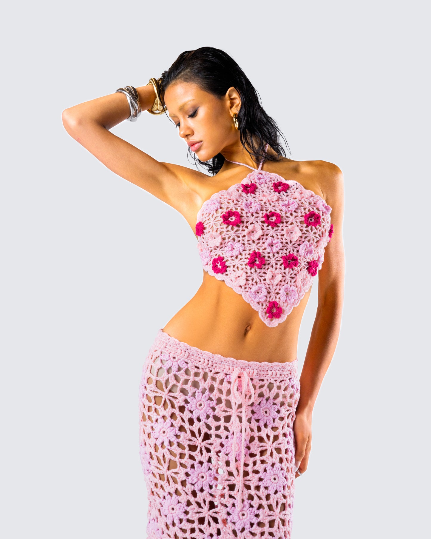 Aya Pink Floral Crochet Halter Top