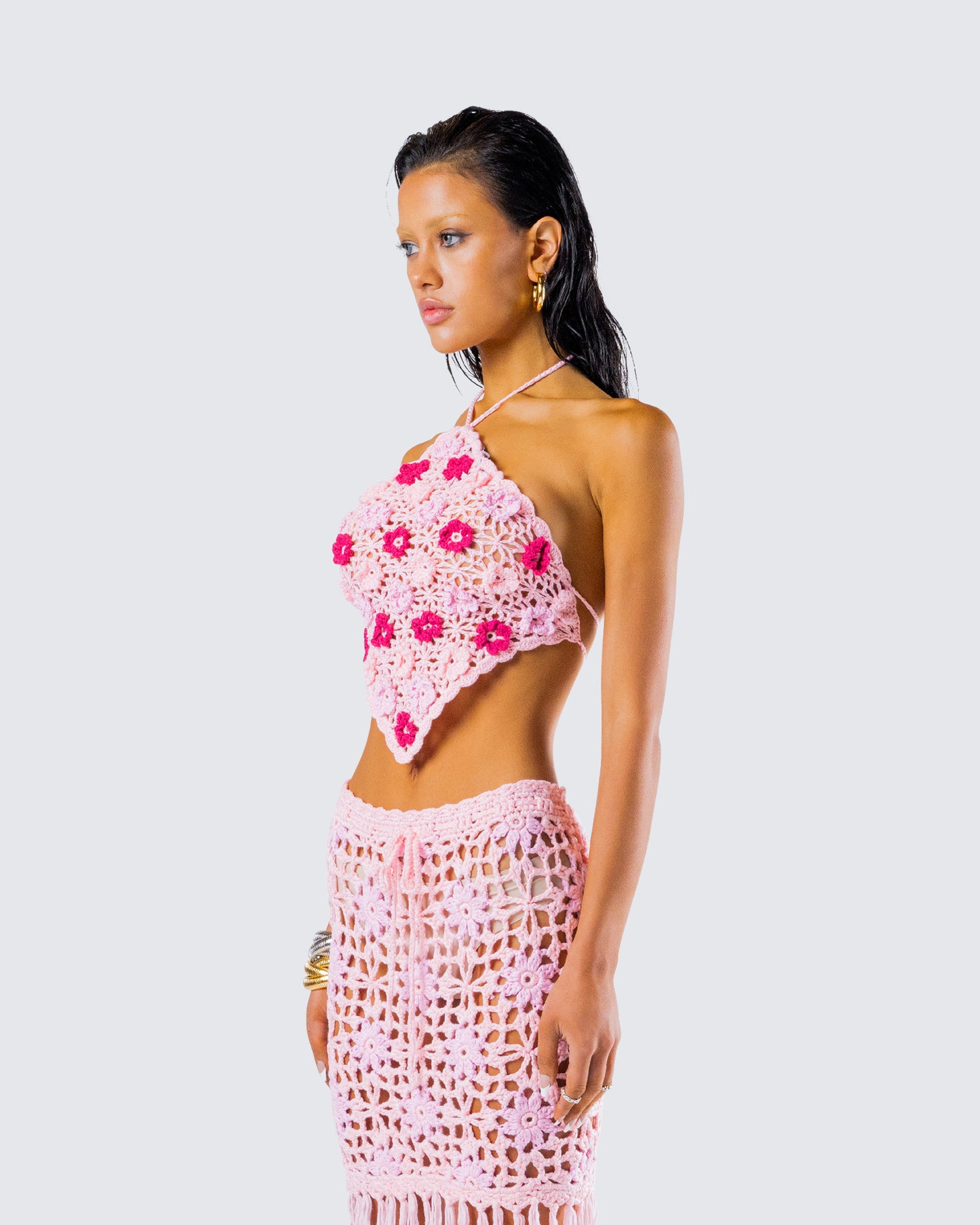 Aya Pink Floral Crochet Halter Top