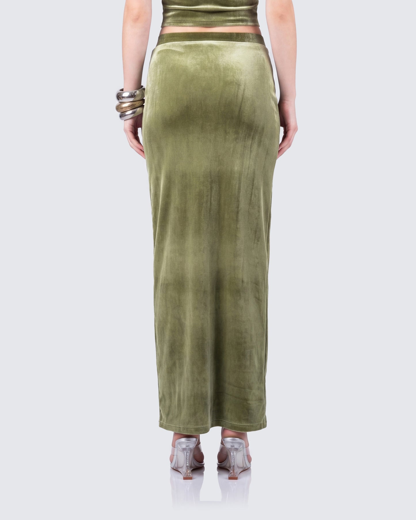 Ayla Olive Green Velvet Maxi Skirt