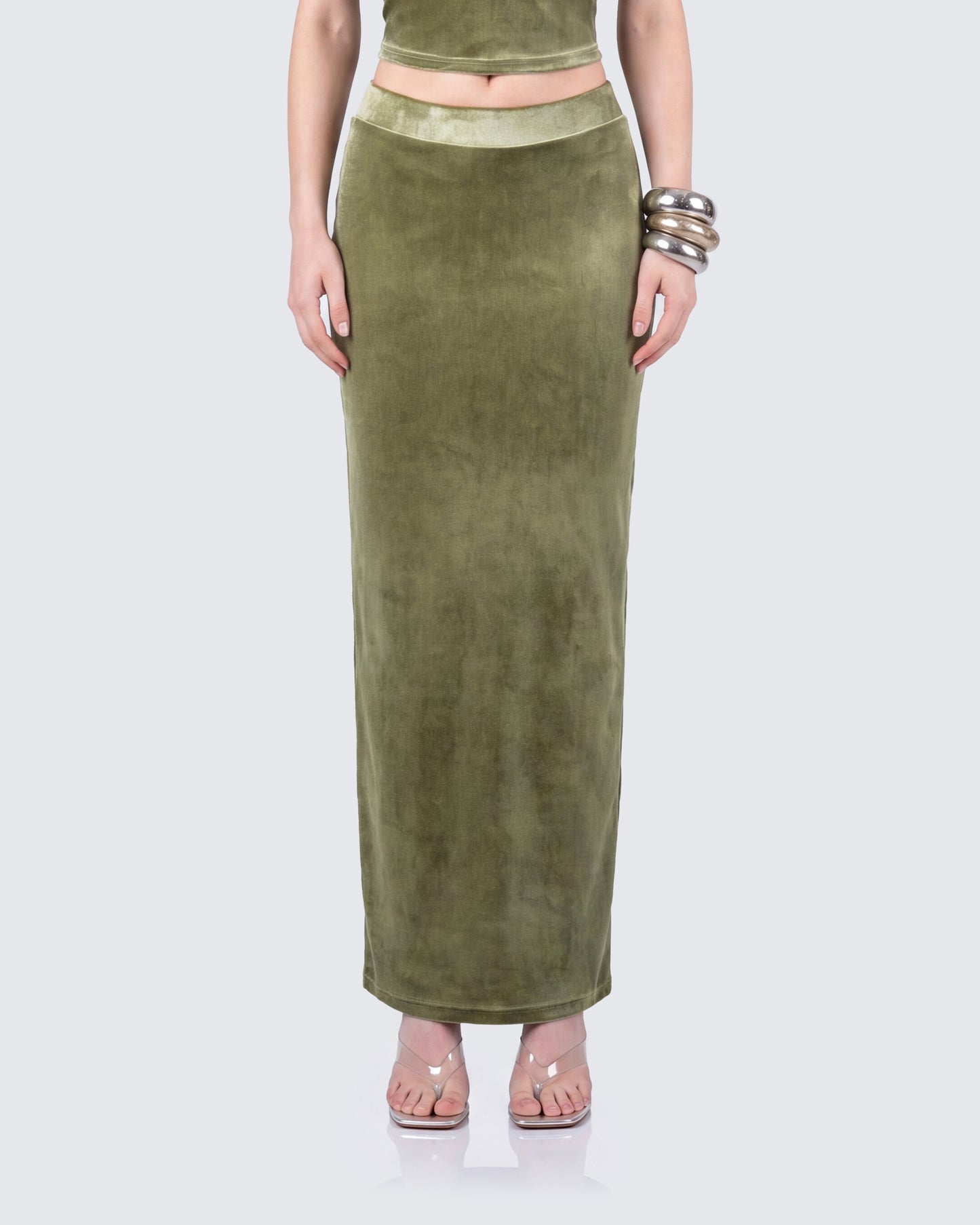 Ayla Olive Green Velvet Maxi Skirt