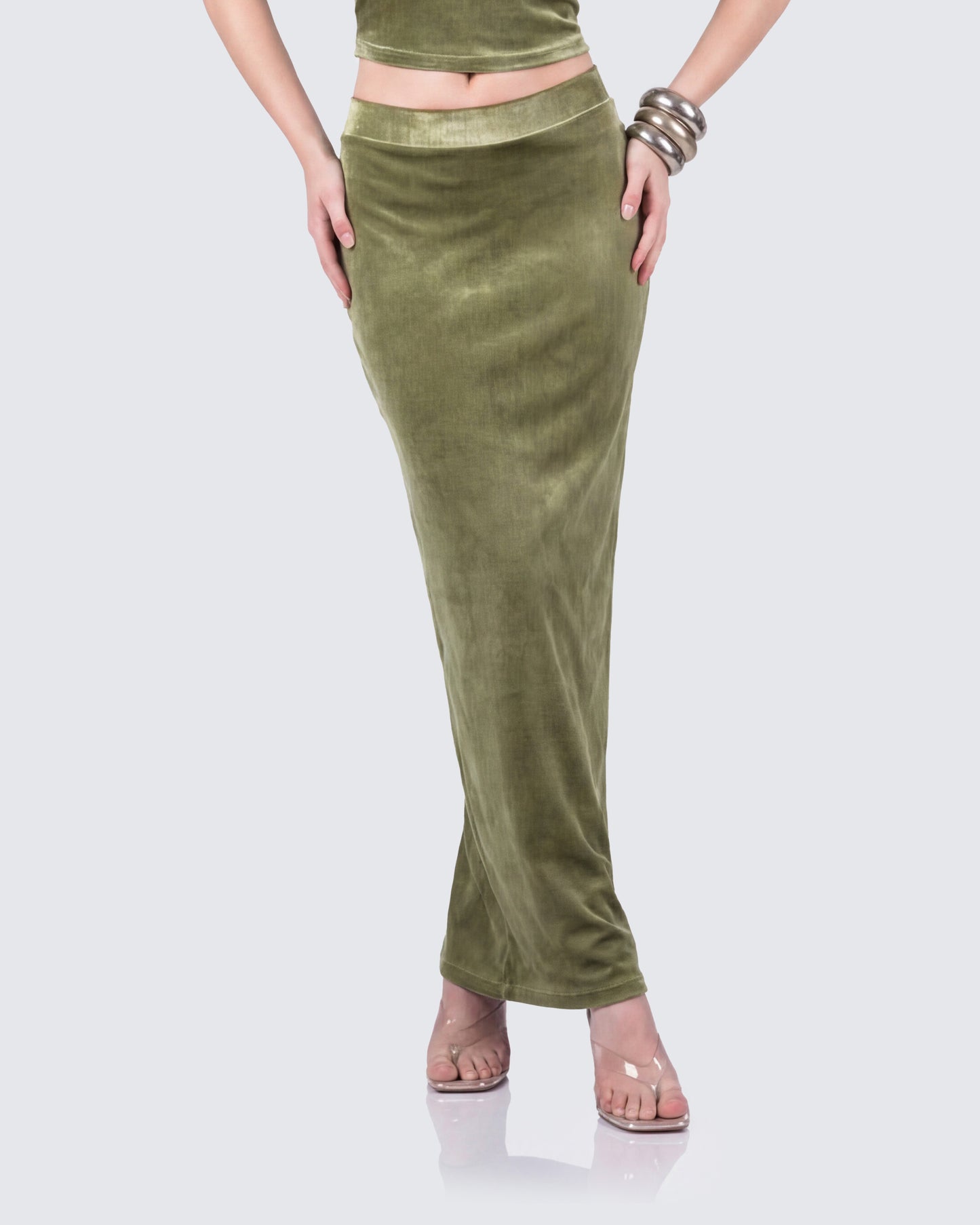 Ayla Olive Green Velvet Maxi Skirt