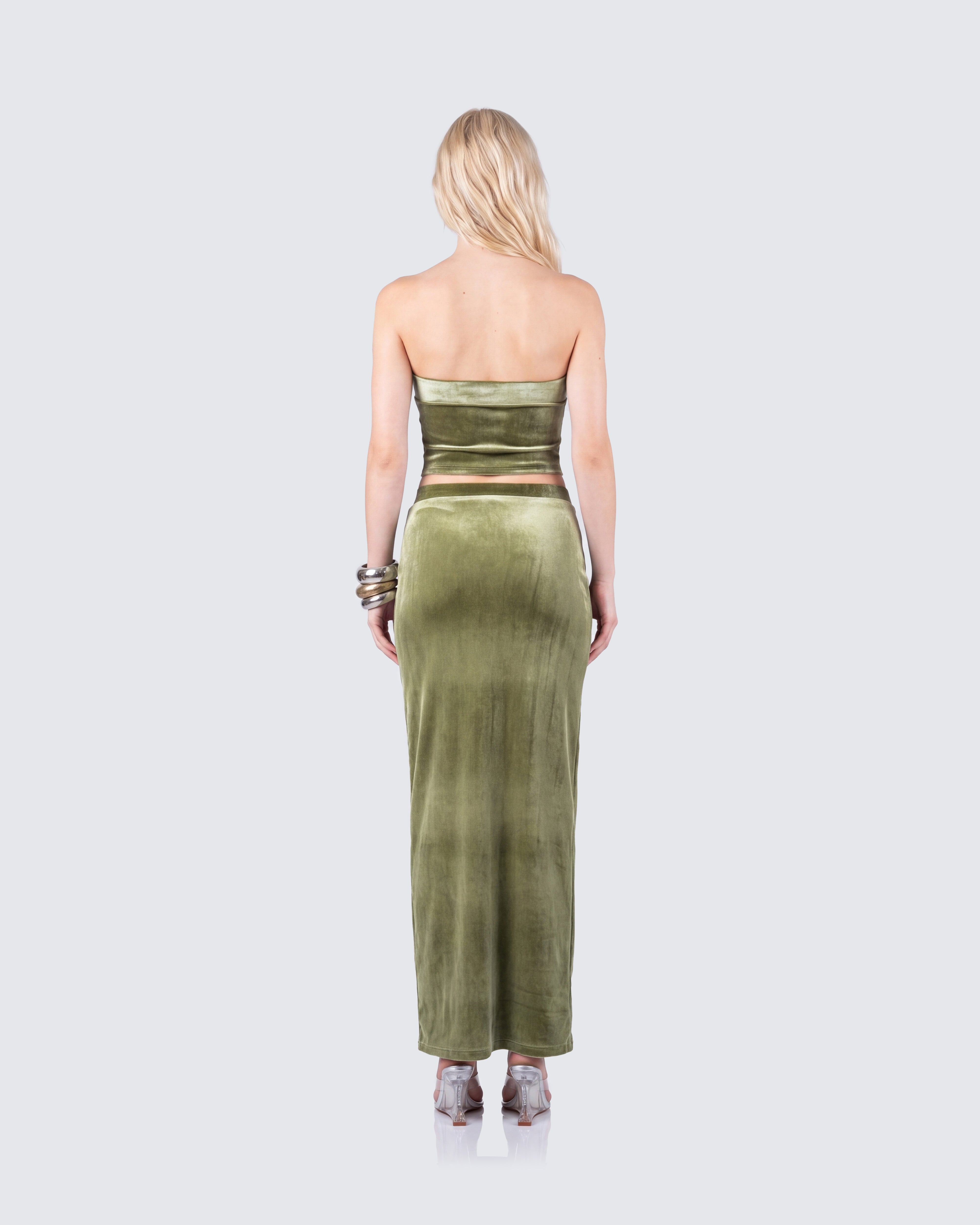 Olive Green Velvet Two-Piece Set - Strapless Top + Maxi Skirt