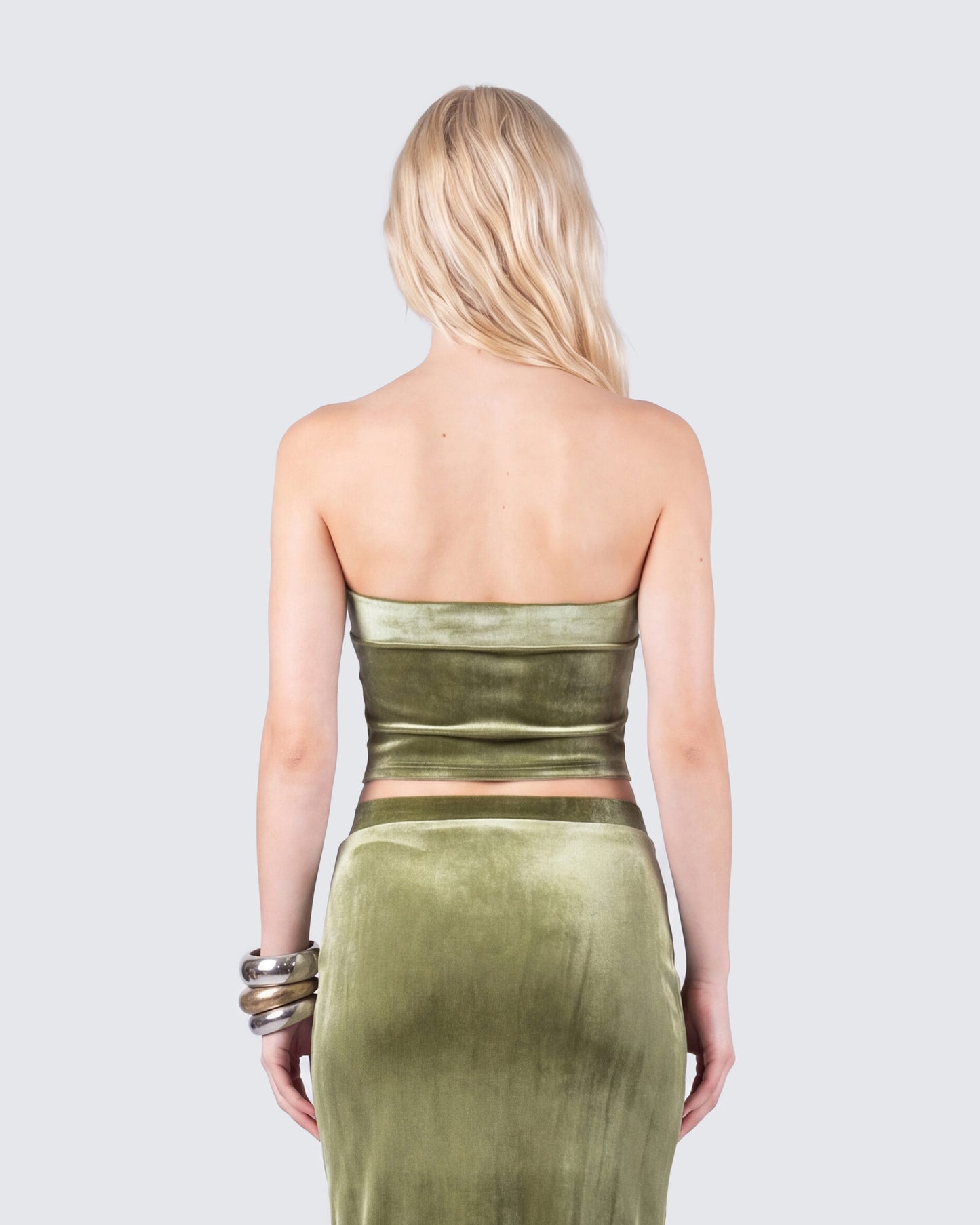 Olive Green Velvet Tube Top - Strapless Ruched FINESSE Olive Green Velvet Tube Top - Strapless Ruched FINESSE