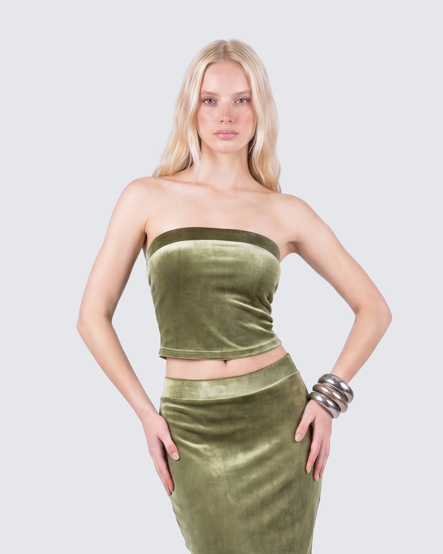 Olive Green Velvet Tube Top - Strapless Ruched FINESSE Olive Green Velvet Tube Top - Strapless Ruched FINESSE