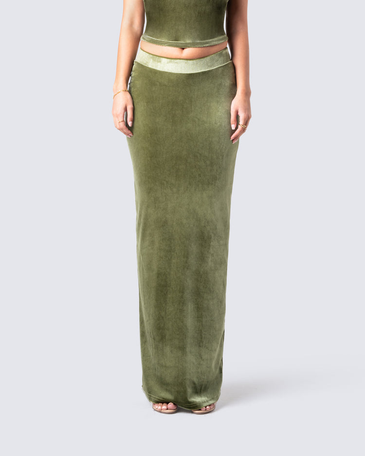 Ayla Olive Green Velvet Maxi Skirt
