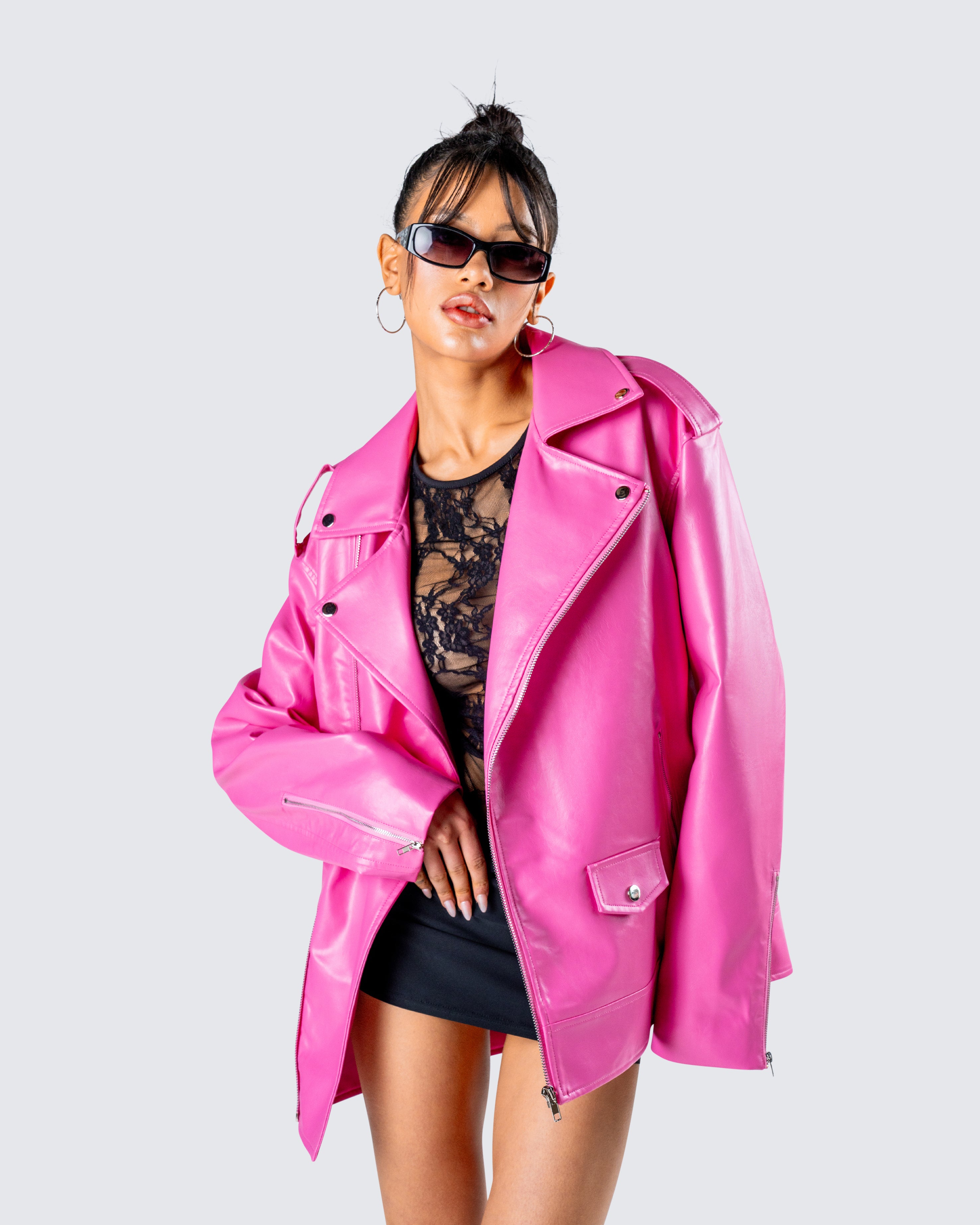 Celebrity pink faux leather jacket best sale