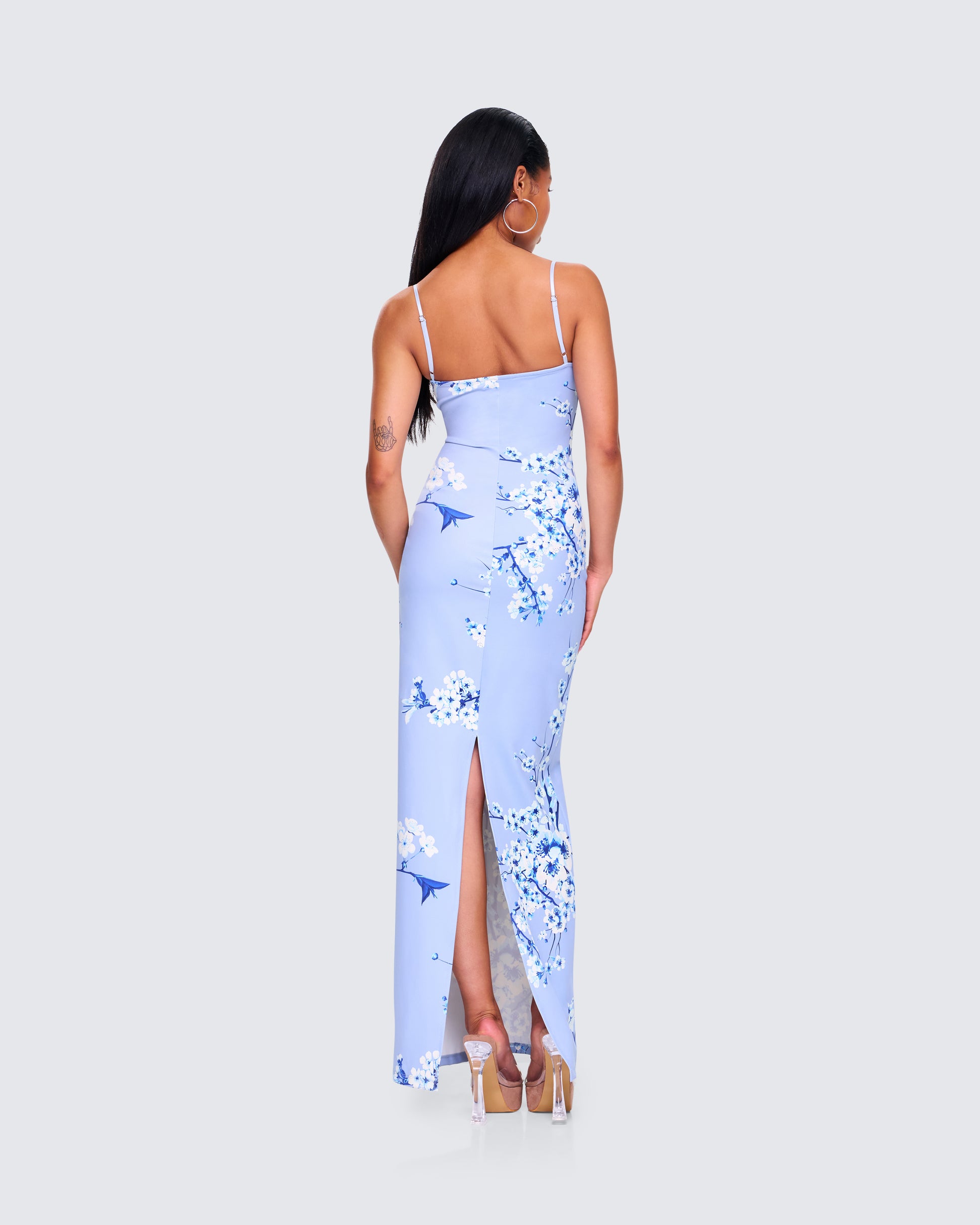 Blue Floral Maxi Dress - Bodycon Spaghetti Strap FINESSE Blue Floral Maxi Dress - Bodycon Spaghetti Strap FINESSE