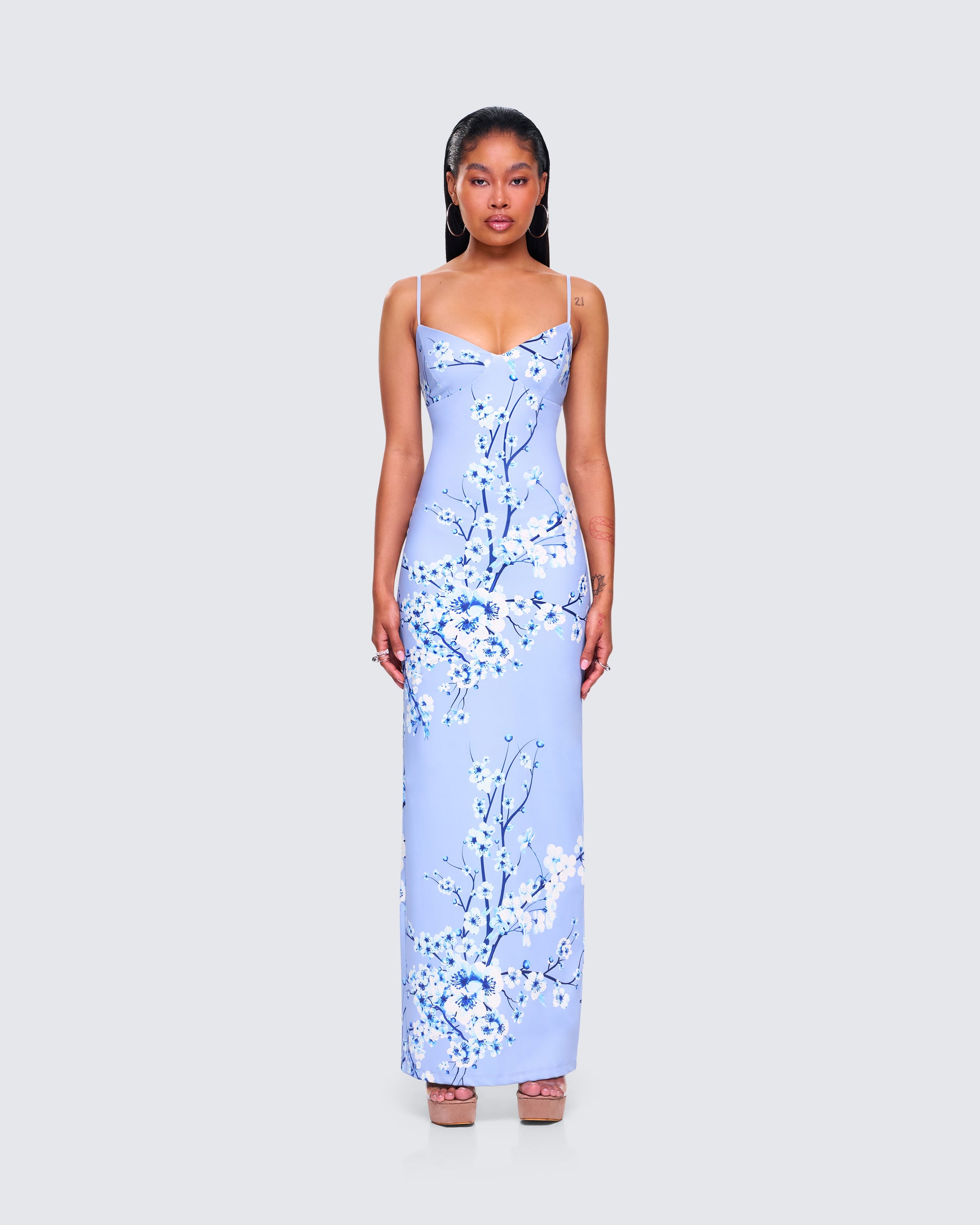 Blue Floral Maxi Dress - Bodycon Spaghetti Strap FINESSE Blue Floral Maxi Dress - Bodycon Spaghetti Strap FINESSE