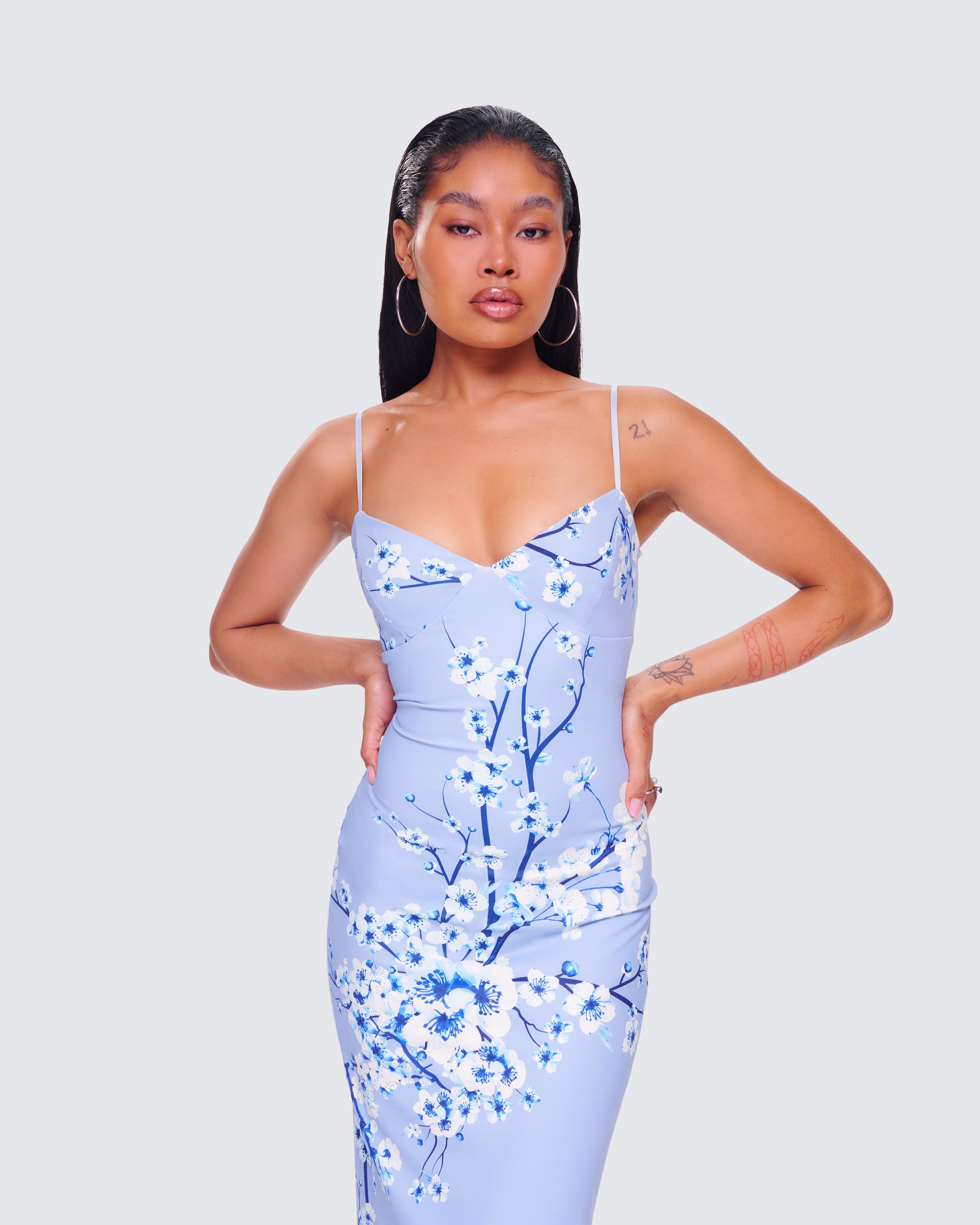 Blue Floral Maxi Dress - Bodycon Spaghetti Strap FINESSE Blue Floral Maxi Dress - Bodycon Spaghetti Strap FINESSE