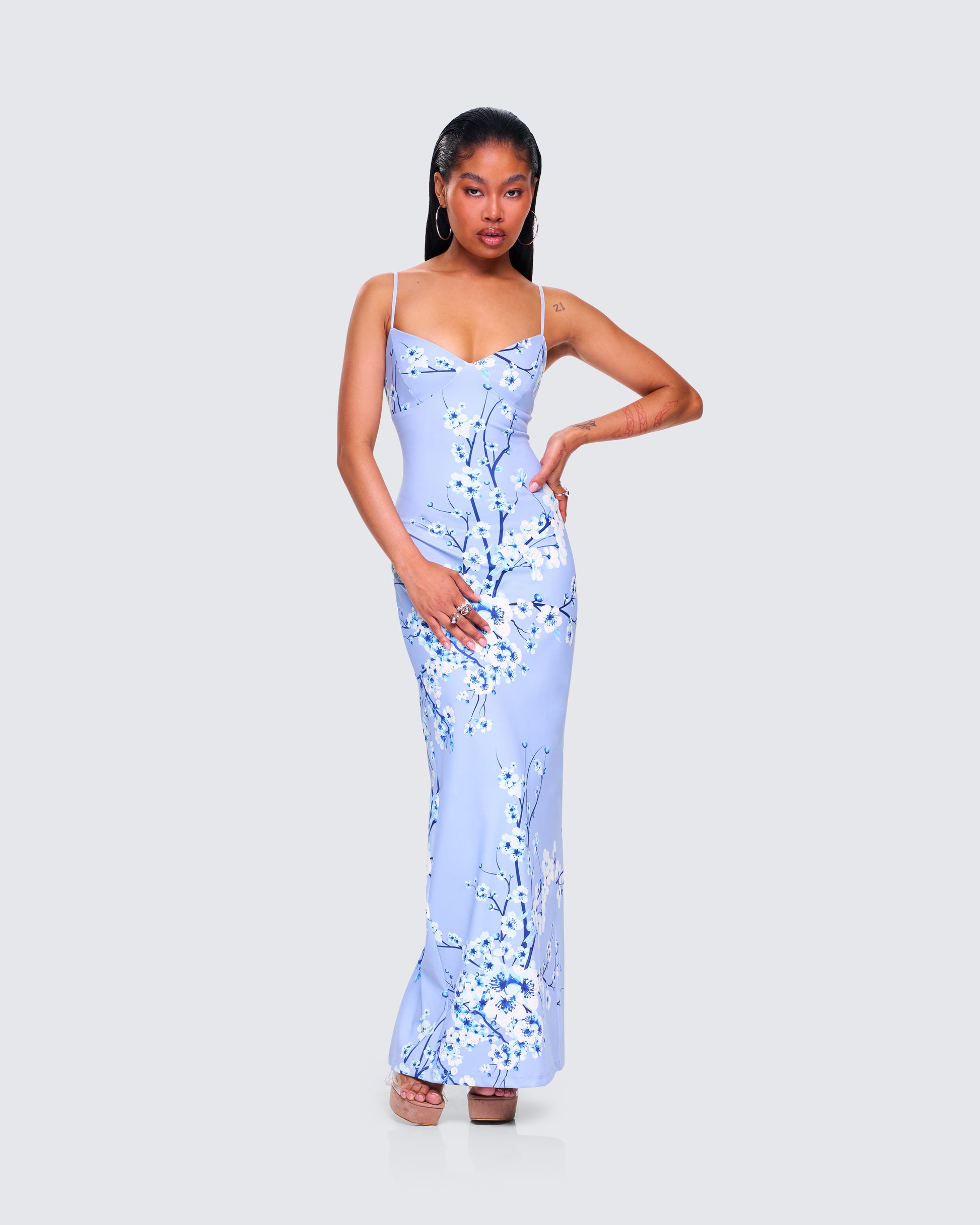 Blue Floral Maxi Dress - Bodycon Spaghetti Strap L Blue Floral Maxi Dress - Bodycon Spaghetti Strap L