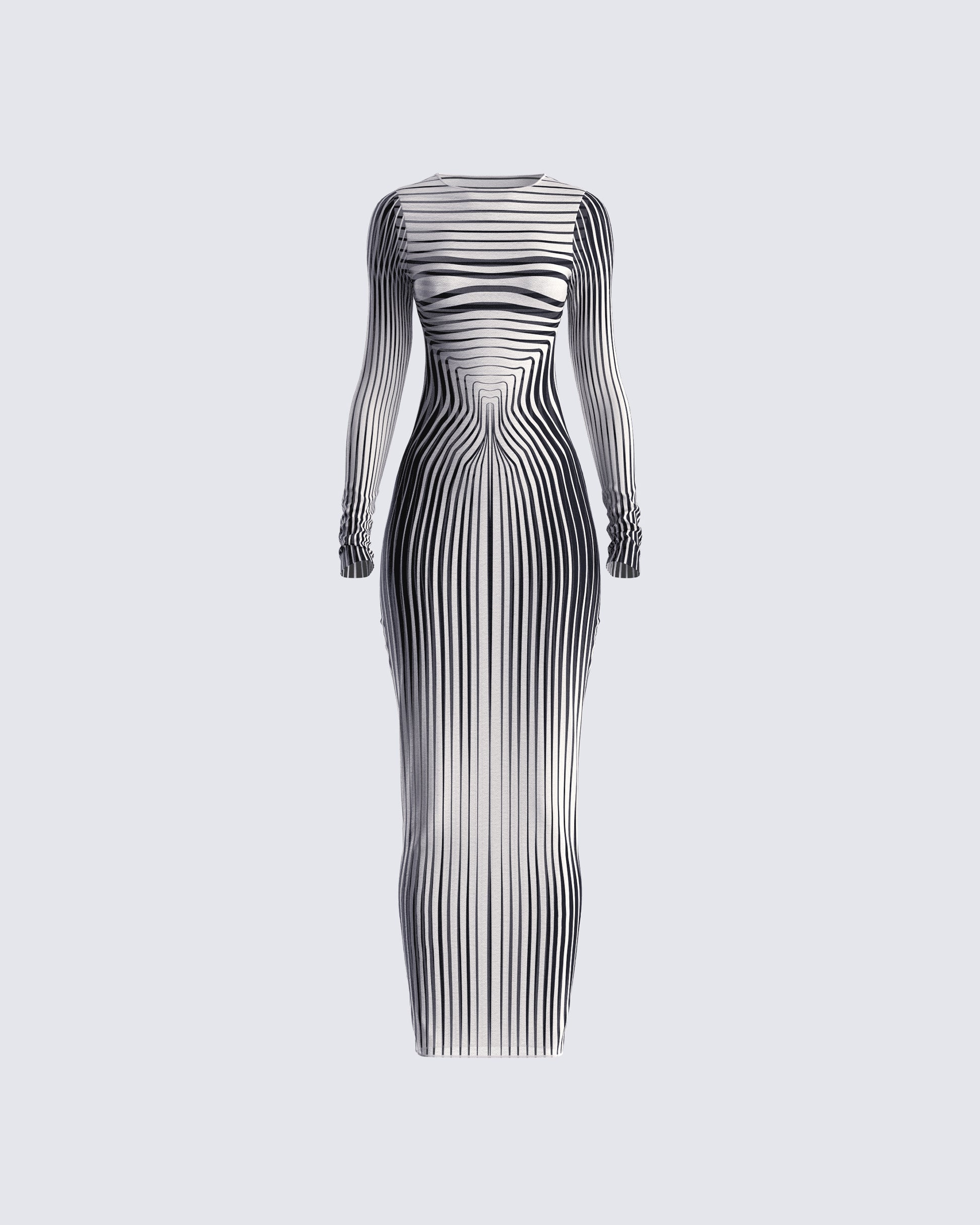 Black Striped Bodycon Maxi Dress - Long Sleeve Optical FINESSE Black Striped Bodycon Maxi Dress - Long Sleeve Optical FINESSE