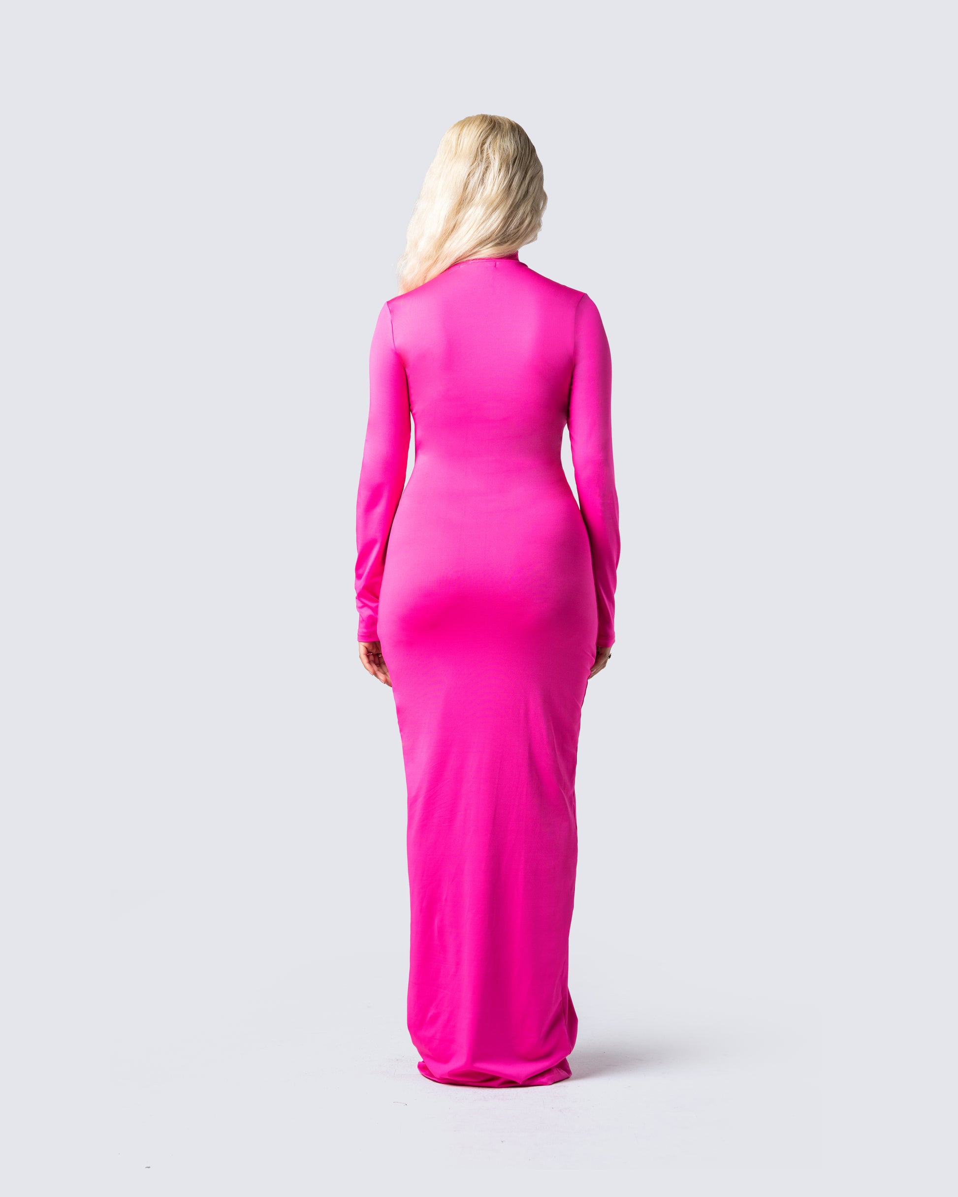 Hot Pink Bodycon Maxi Dress - Long Sleeve Ribbed FINESSE Hot Pink Bodycon Maxi Dress - Long Sleeve Ribbed FINESSE