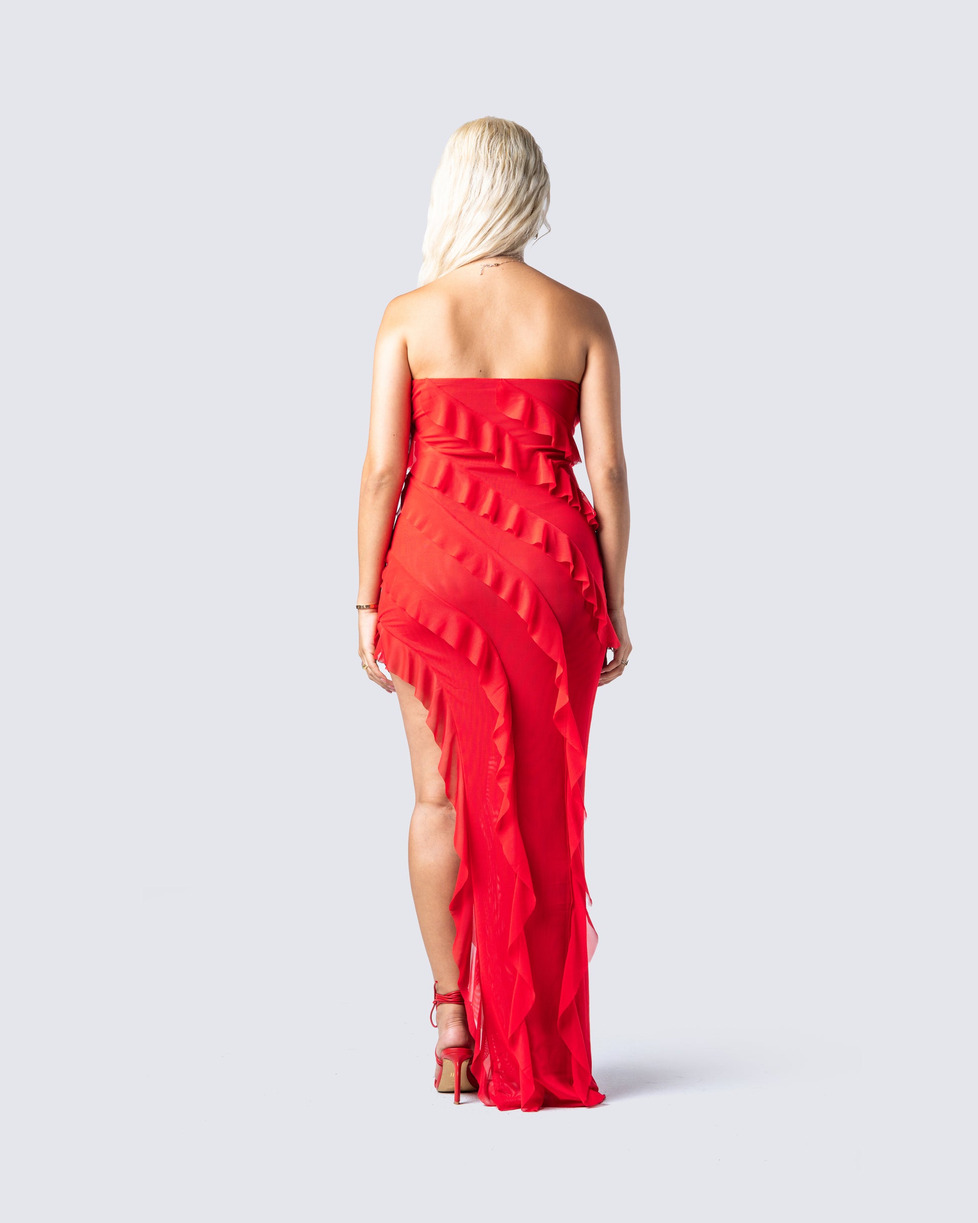 Red Ruffle Maxi Dress - Strapless Bodycon Evening FINESSE Red Ruffle Maxi Dress - Strapless Bodycon Evening FINESSE