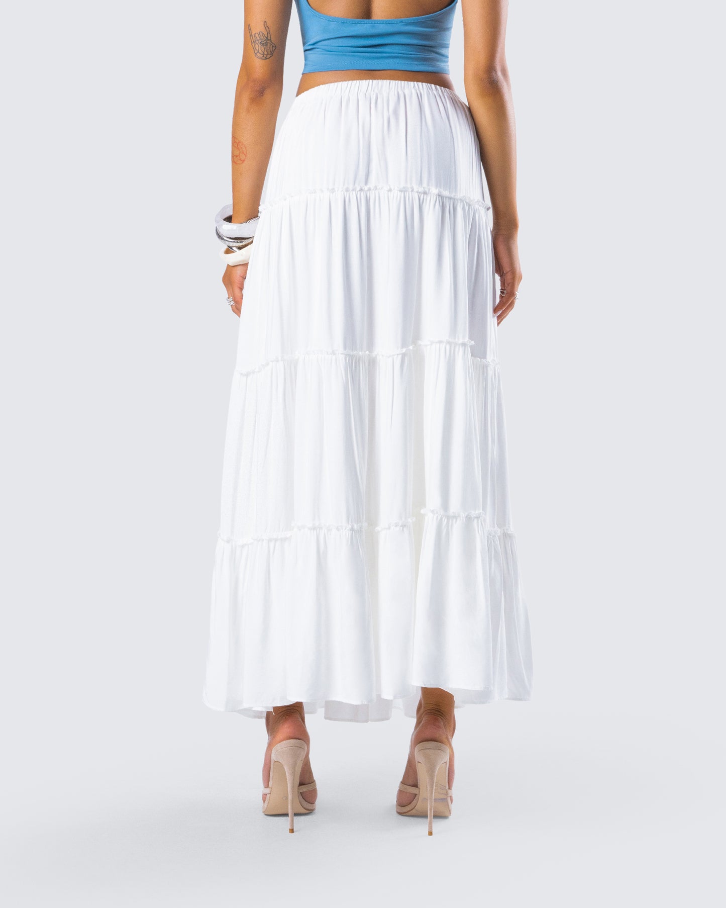 Bailee White Tiered Midi Skirt