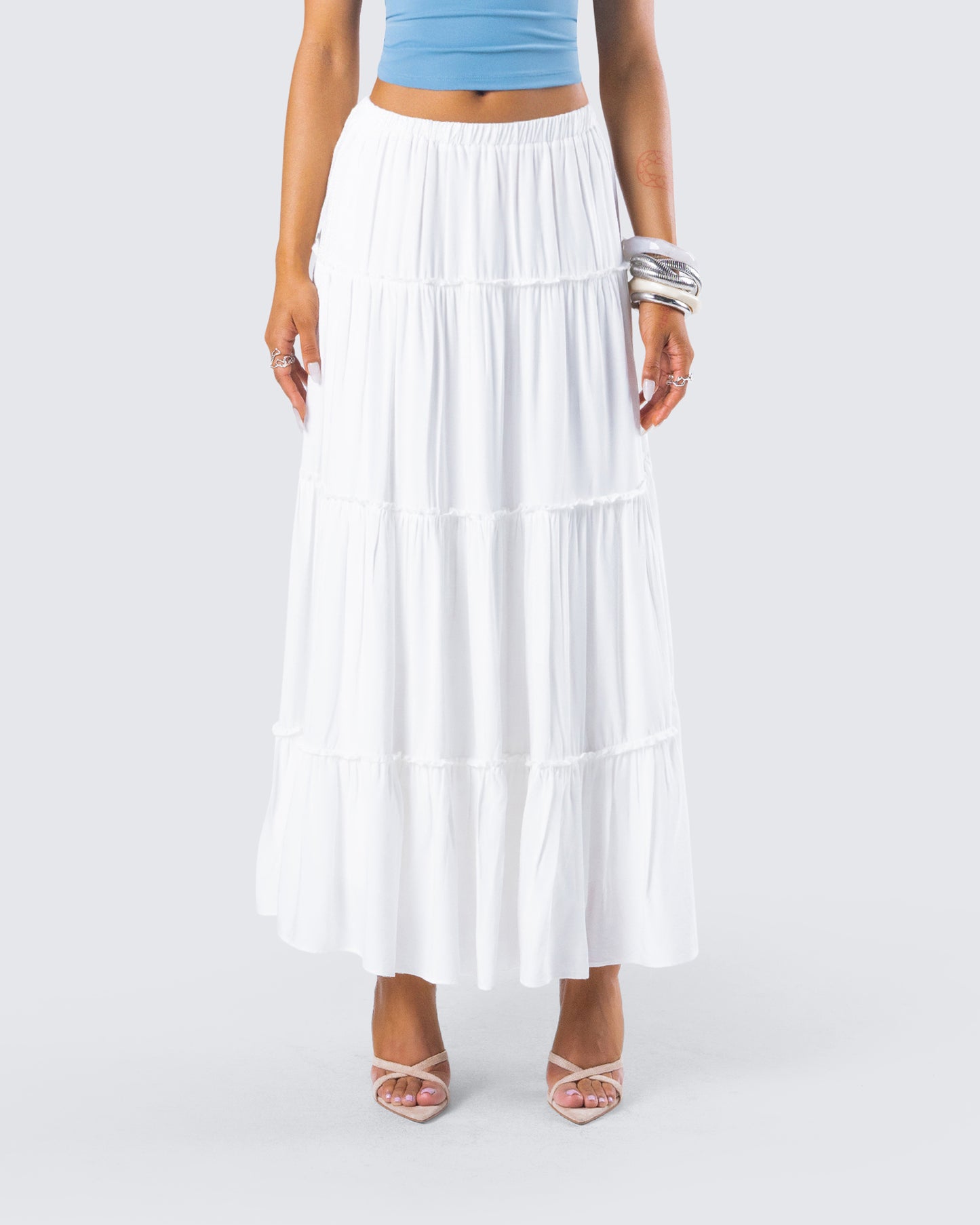 Bailee White Tiered Midi Skirt