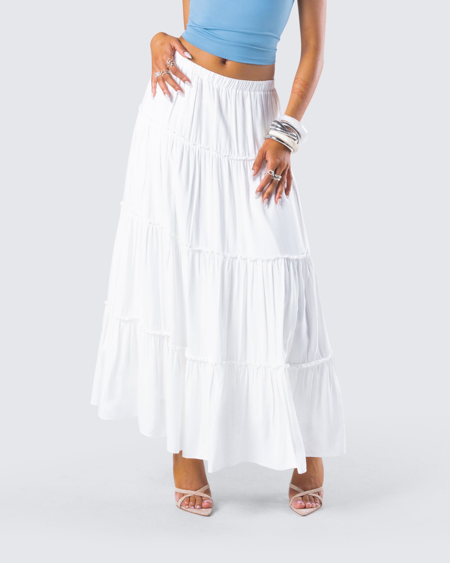 Bailee White Tiered Midi Skirt