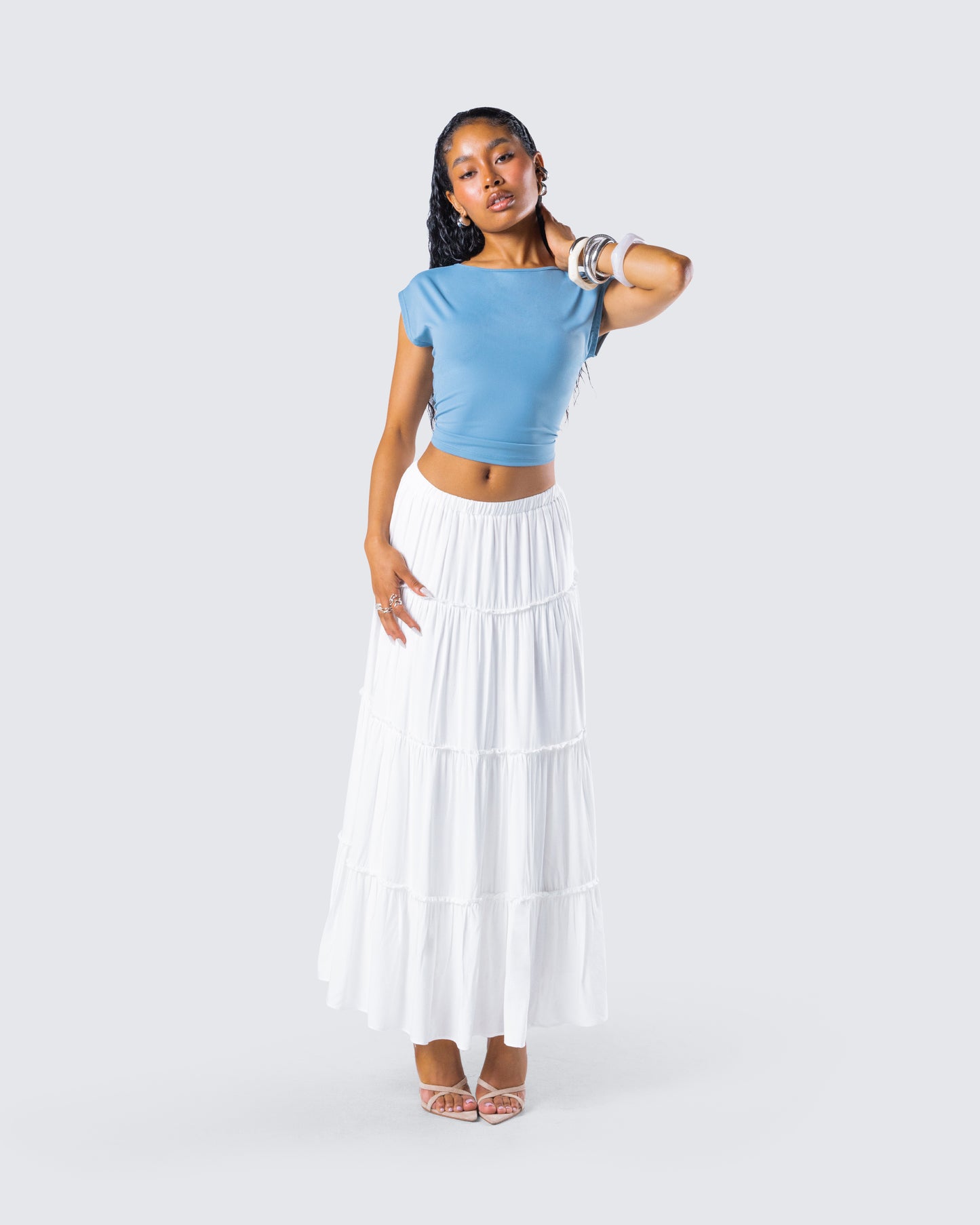 Bailee White Tiered Midi Skirt