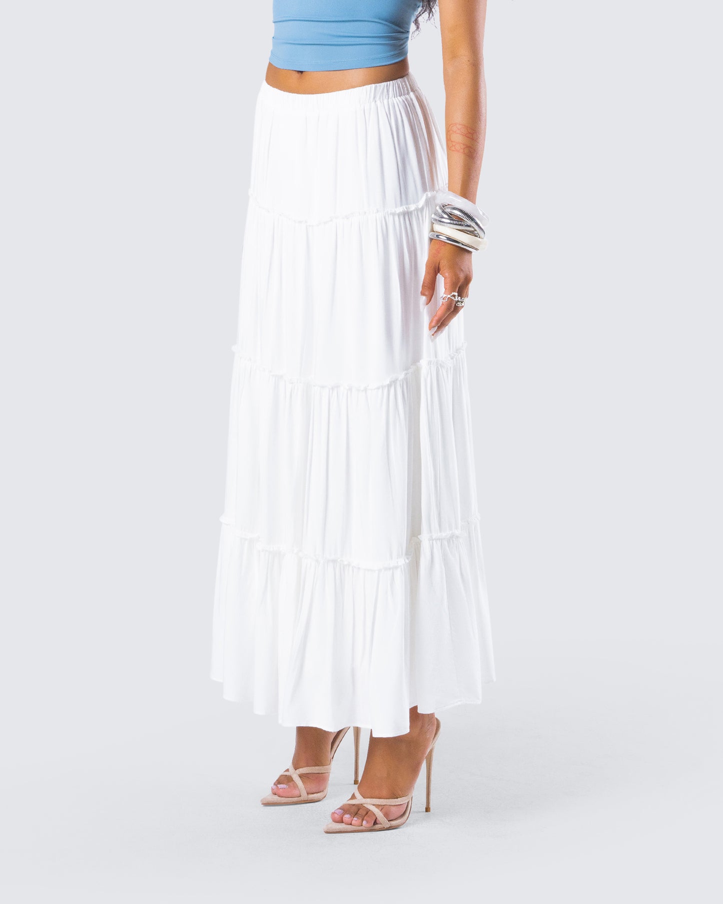 Bailee White Tiered Midi Skirt