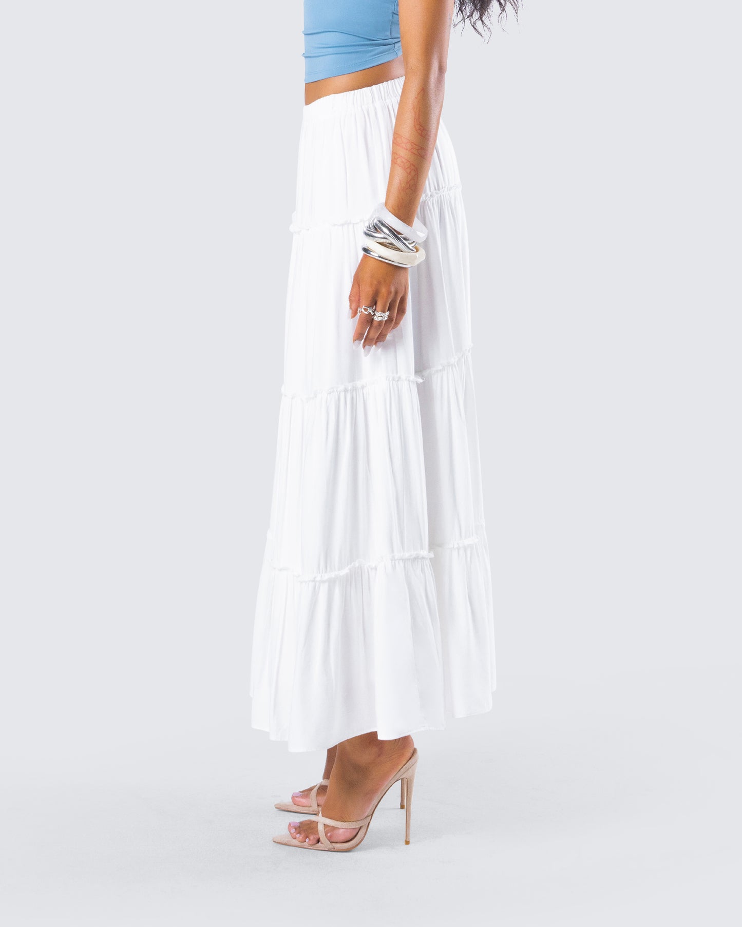 Bailee White Tiered Midi Skirt