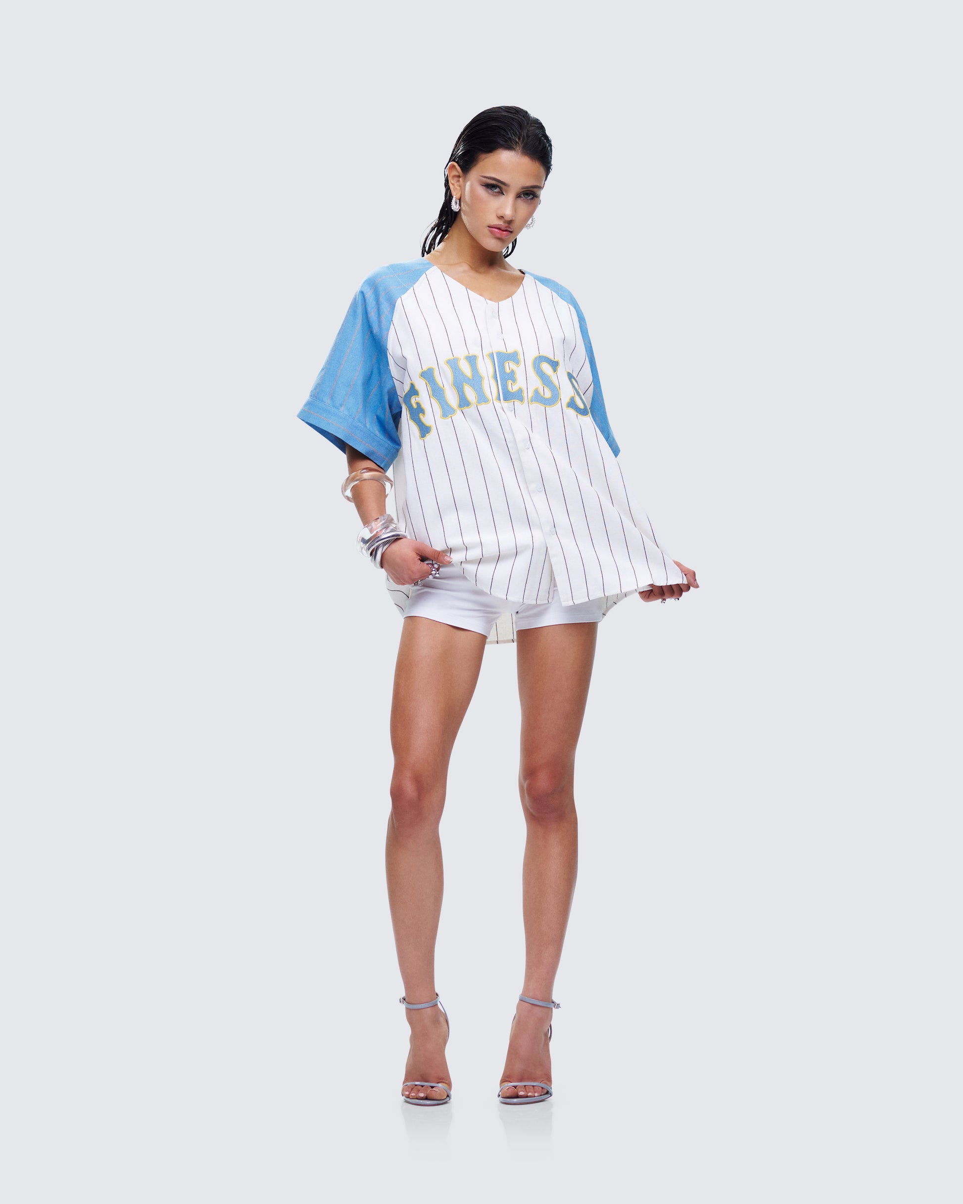 Blue Baseball Jersey Set - Button-Up Crop Top + Shorts FINESSE Blue Baseball Jersey Set - Button-Up Crop Top + Shorts FINESSE