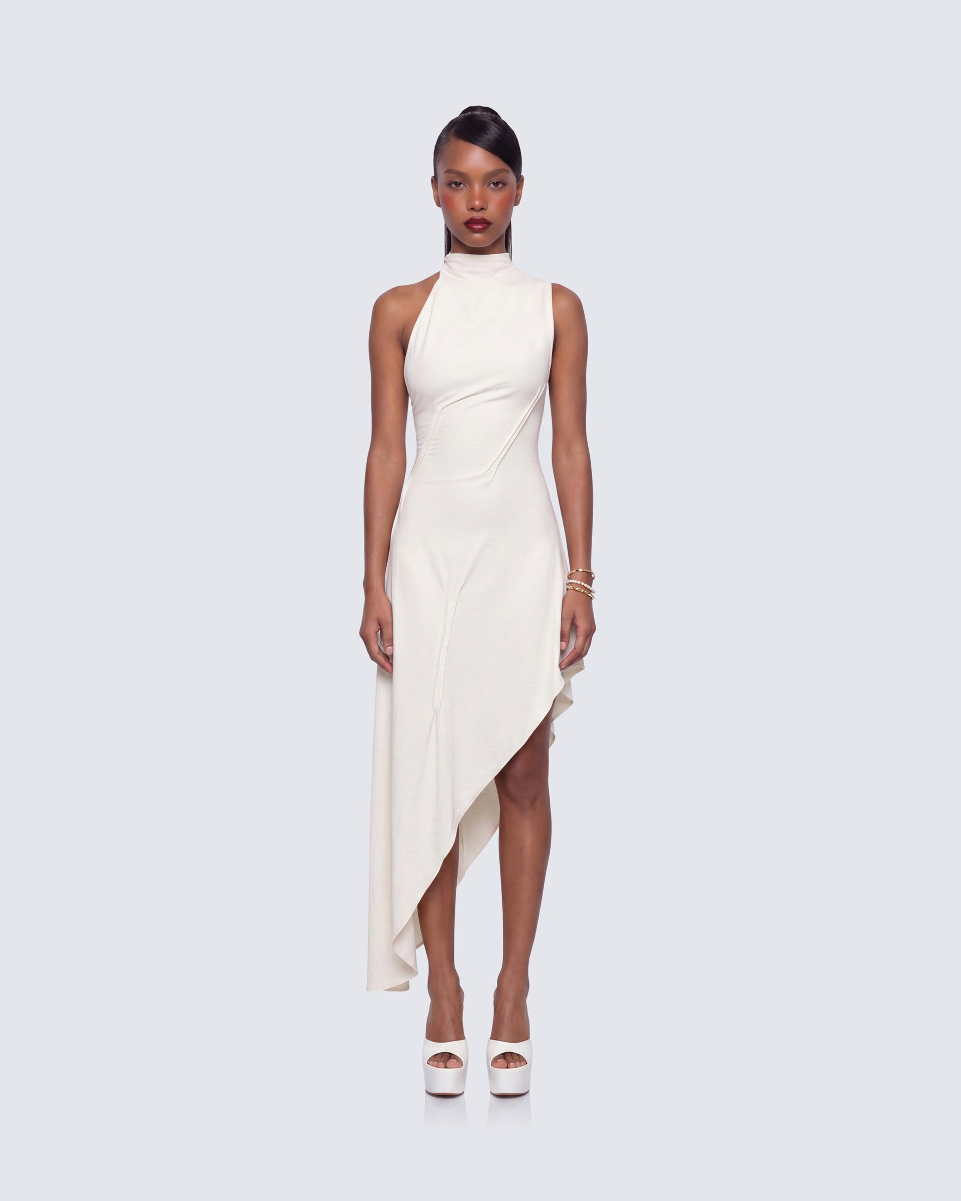 Billie Ivory Cinched Detail Open Back Tailored Midi Dress model front
