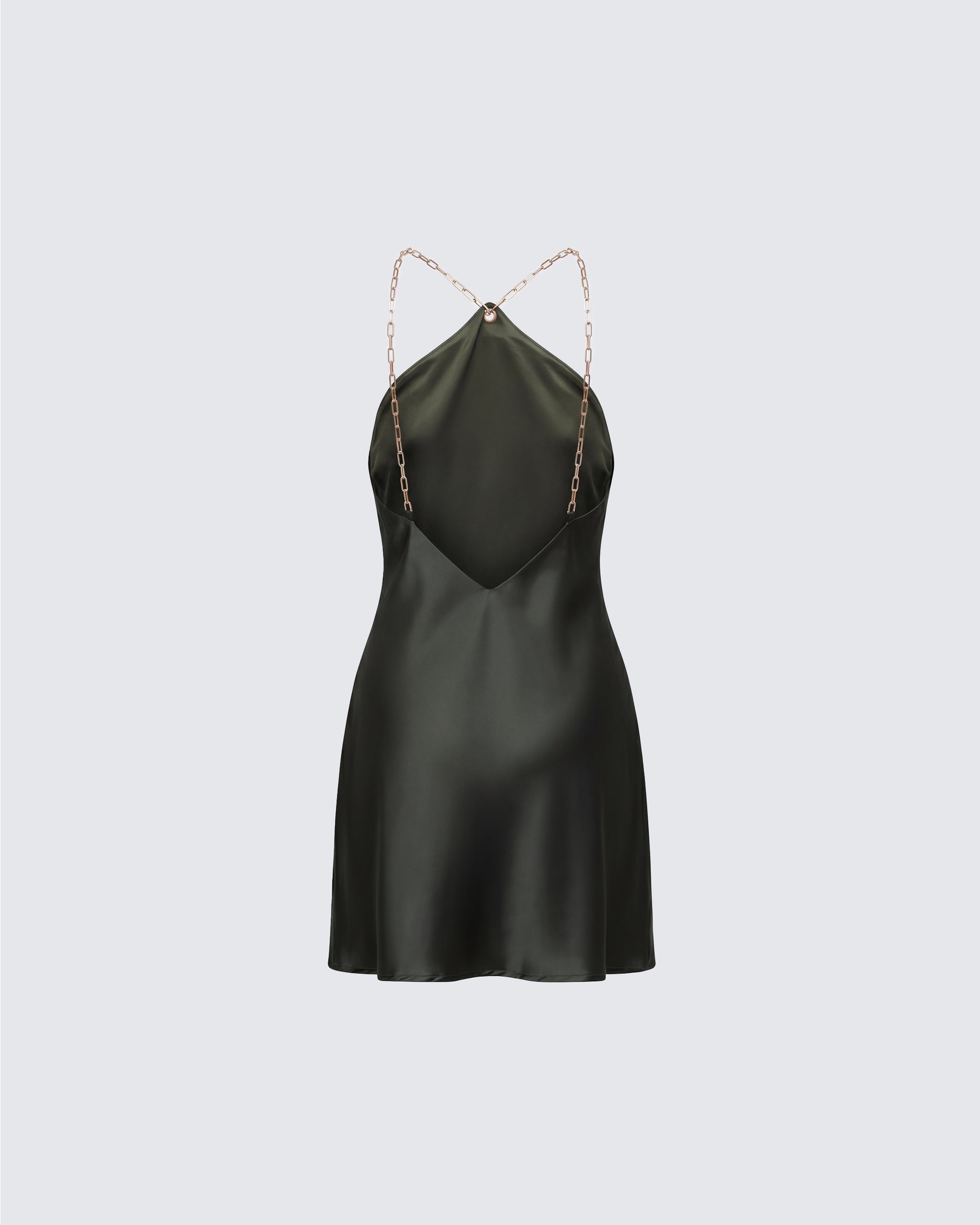 Olive Green Satin Mini Dress - Chain Strap Halter FINESSE Olive Green Satin Mini Dress - Chain Strap Halter FINESSE