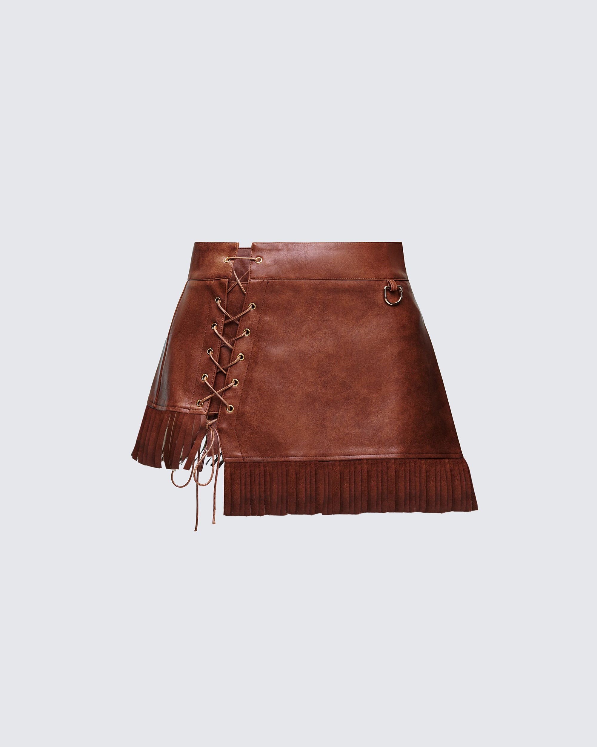 Brown Vegan Leather Mini Skirt with Fringe Detail – FINESSE