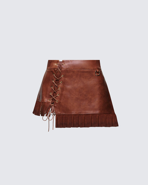 Brown Vegan Leather Mini Skirt with Fringe Detail – FINESSE