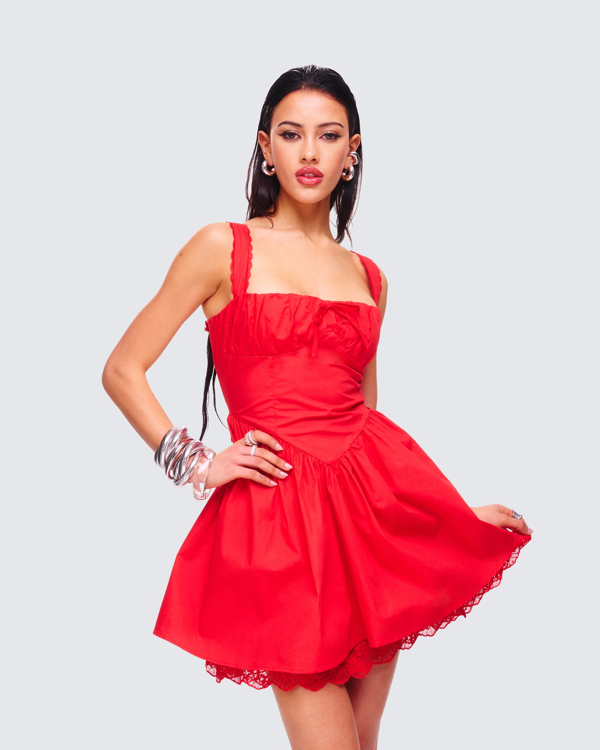 Red Cotton Mini Dress - Corset Bodice Fit and Flare FINESSE Red Cotton Mini Dress - Corset Bodice Fit and Flare FINESSE