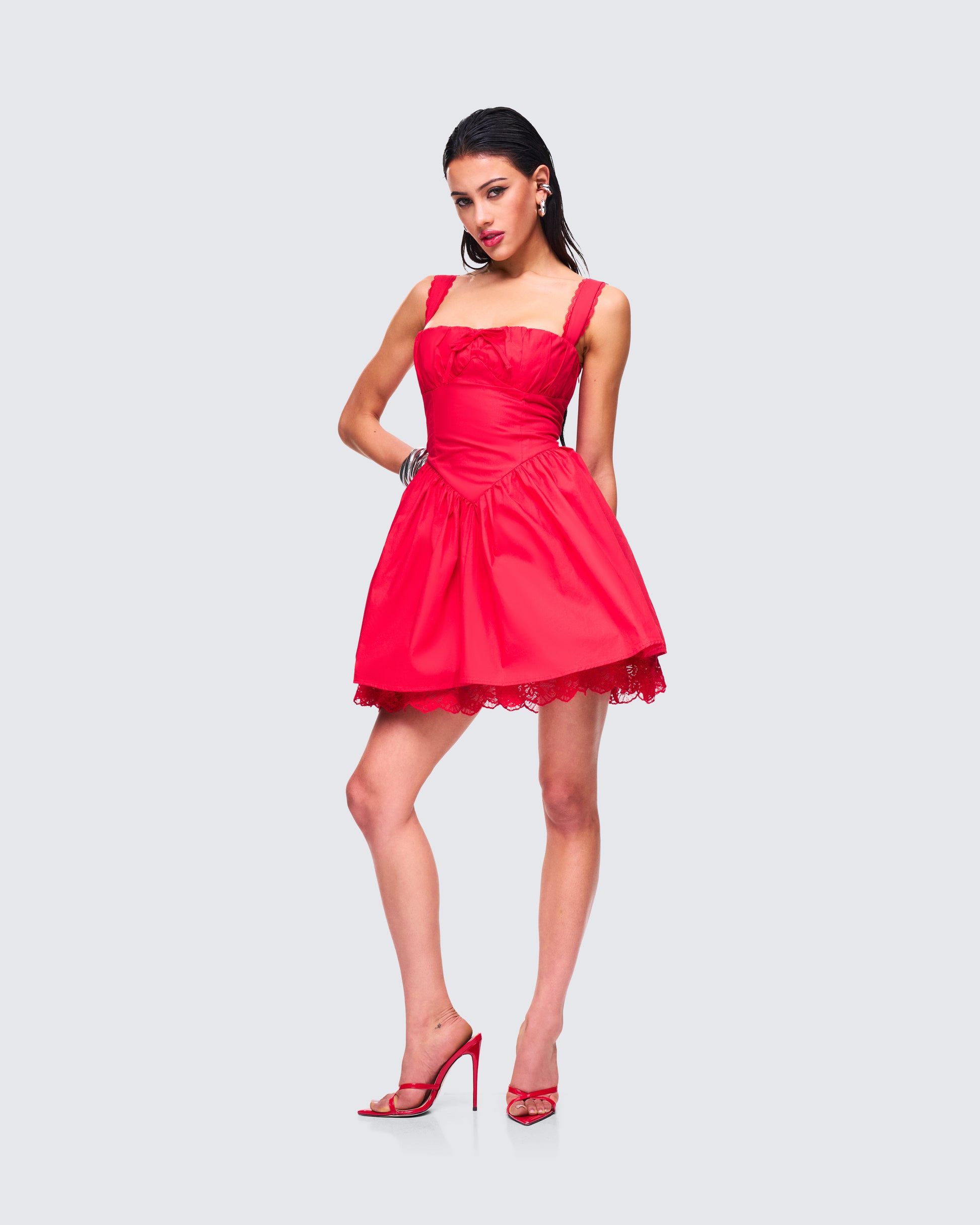 Red Cotton Mini Dress - Corset Bodice Fit and Flare FINESSE Red Cotton Mini Dress - Corset Bodice Fit and Flare FINESSE