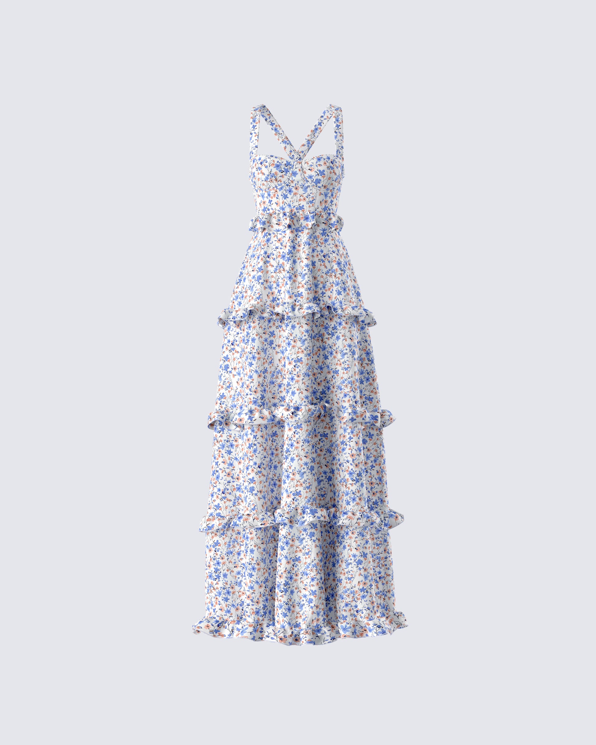 blue floral tiered maxi dress Wedtrend Women Elegant Tiered Maxi Dress White Blue Flower A Line Spaghetti Straps Print Wedding Party Dress, White Blue Flower / US10
