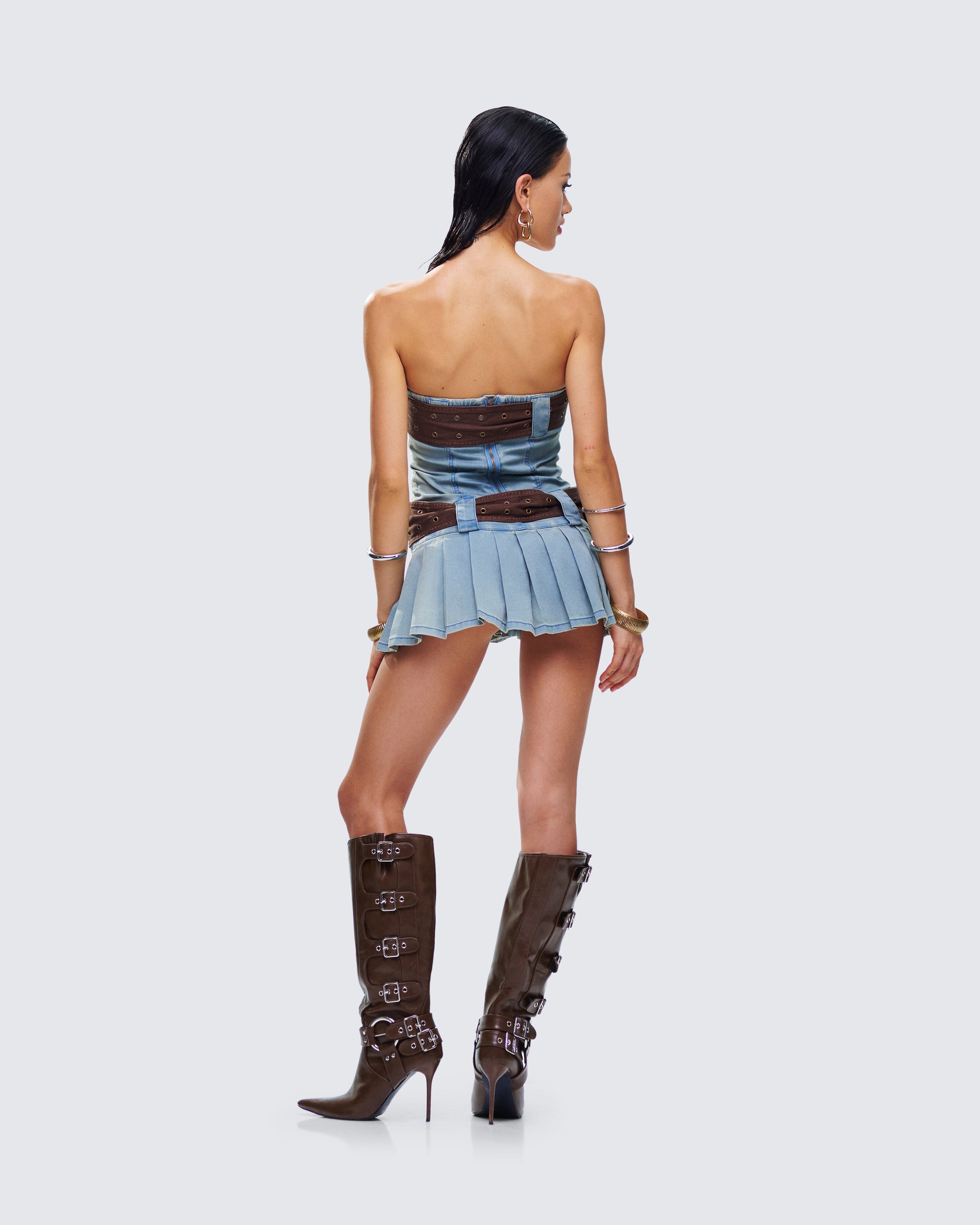 Blue Denim Mini Dress with Pleated Skirt FINESSE Blue Denim Mini Dress with Pleated Skirt FINESSE
