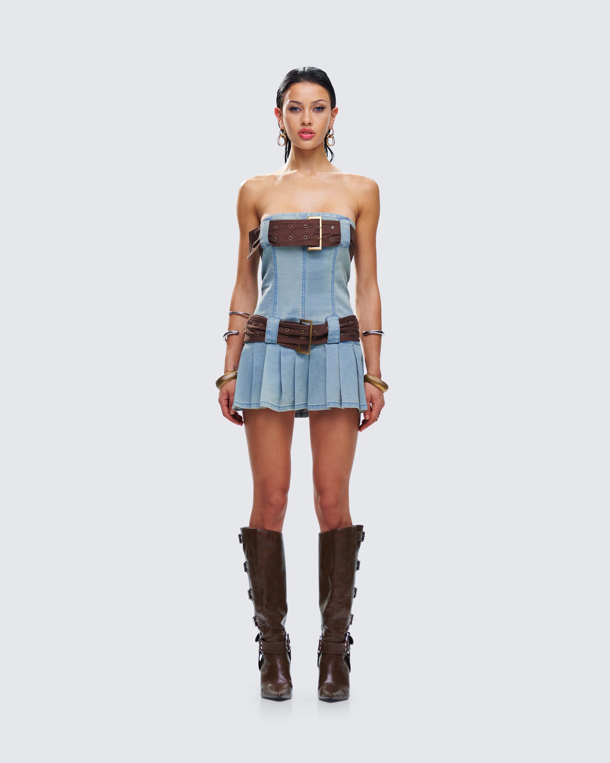 Blue Denim Mini Dress with Pleated Skirt FINESSE Blue Denim Mini Dress with Pleated Skirt FINESSE