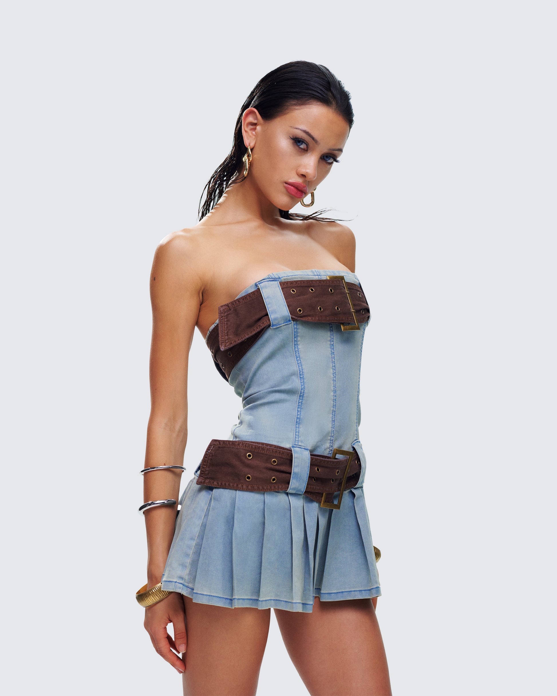 Blue Denim Mini Dress with Pleated Skirt FINESSE Blue Denim Mini Dress with Pleated Skirt FINESSE