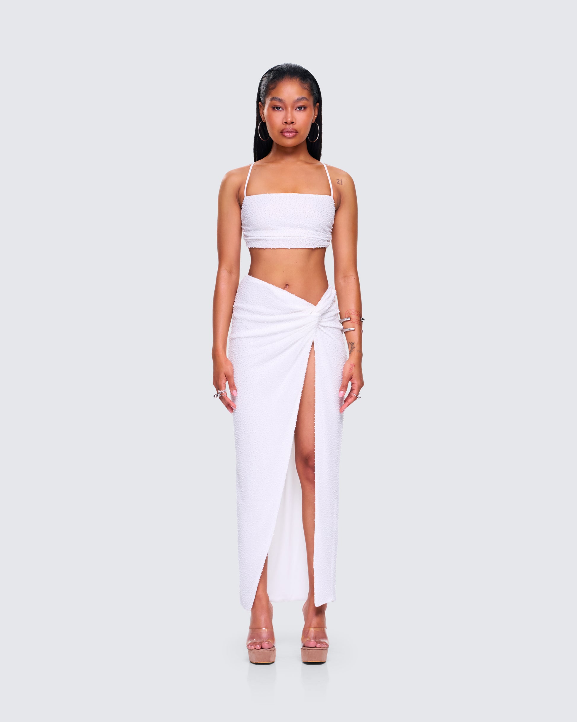 White Beaded Maxi Two-Piece Set - Crop Top + Wrap Skirt FINESSE White Beaded Maxi Two-Piece Set - Crop Top + Wrap Skirt FINESSE